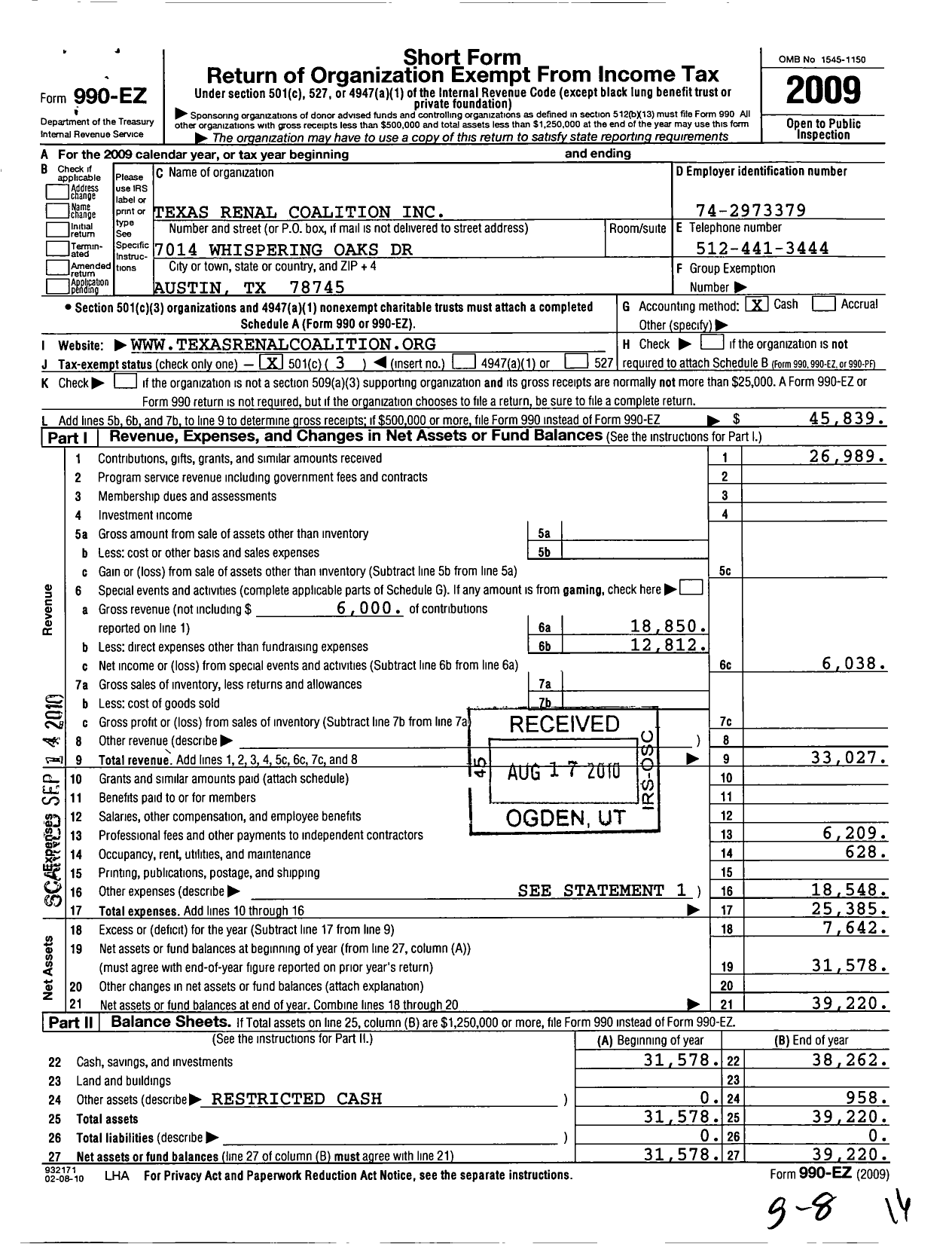 Image of first page of 2009 Form 990EZ for Texas Renal Coalition