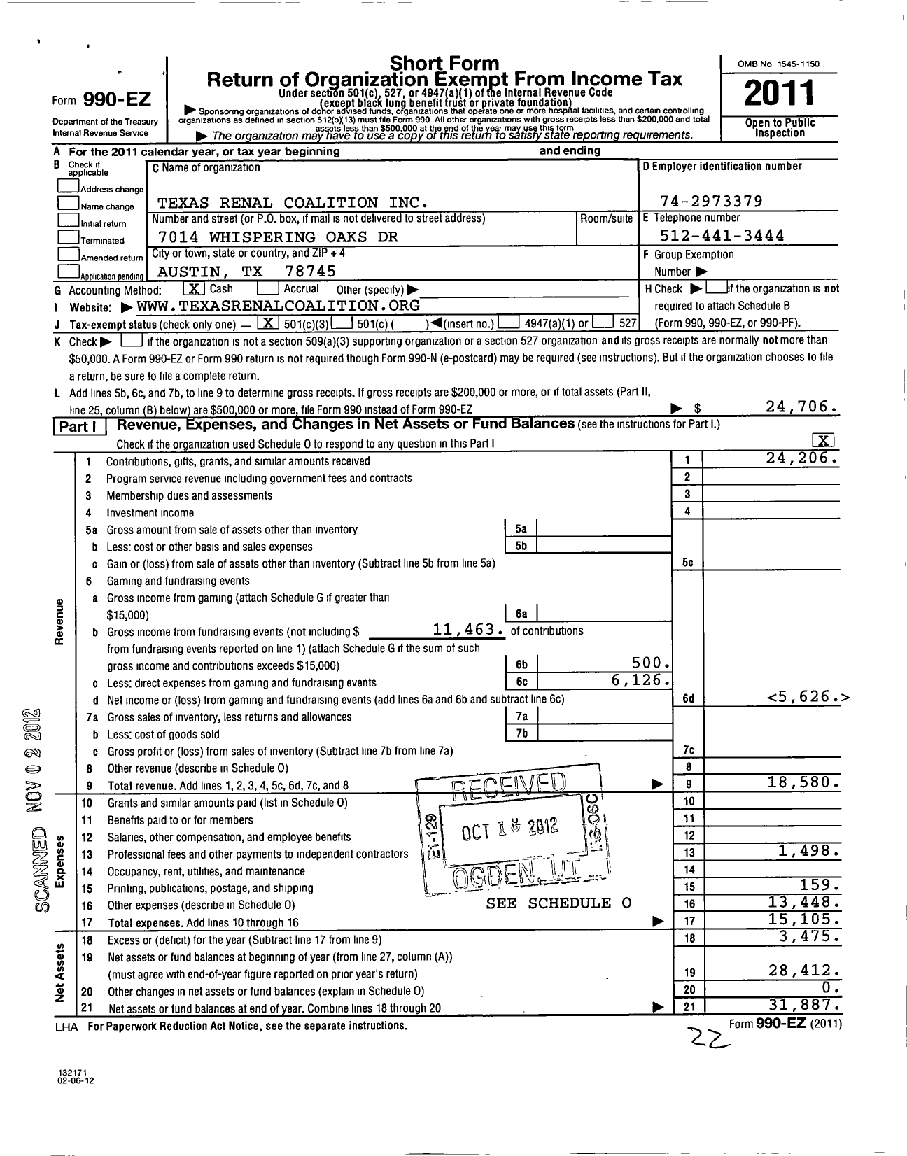 Image of first page of 2011 Form 990EZ for Texas Renal Coalition