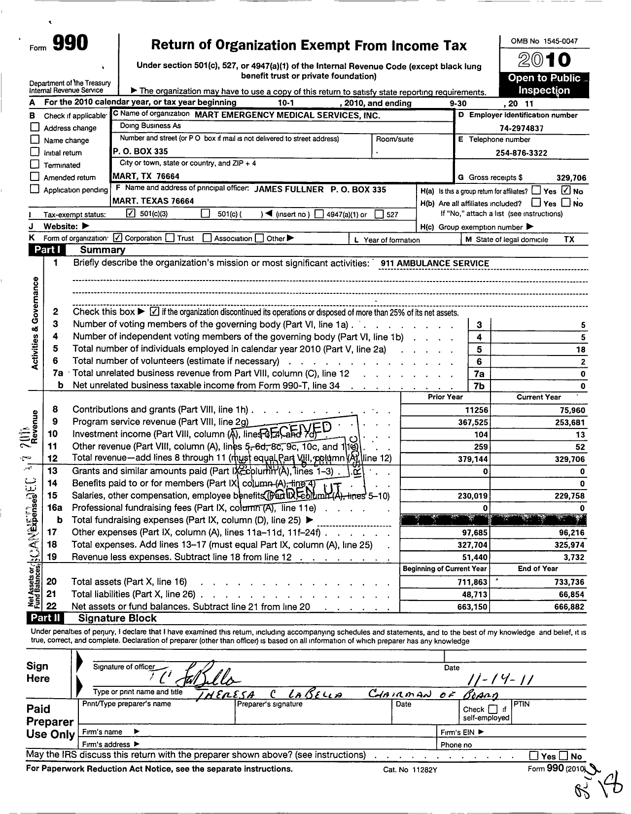 Image of first page of 2010 Form 990 for Mart Emergency Medical Services