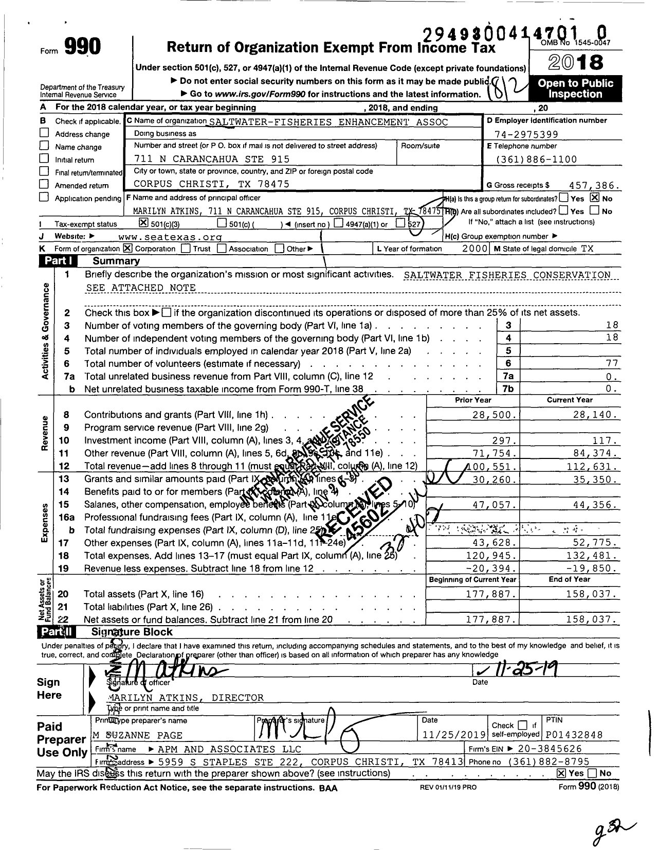 Image of first page of 2018 Form 990 for Saltwater-Fisheries Enhancement Association