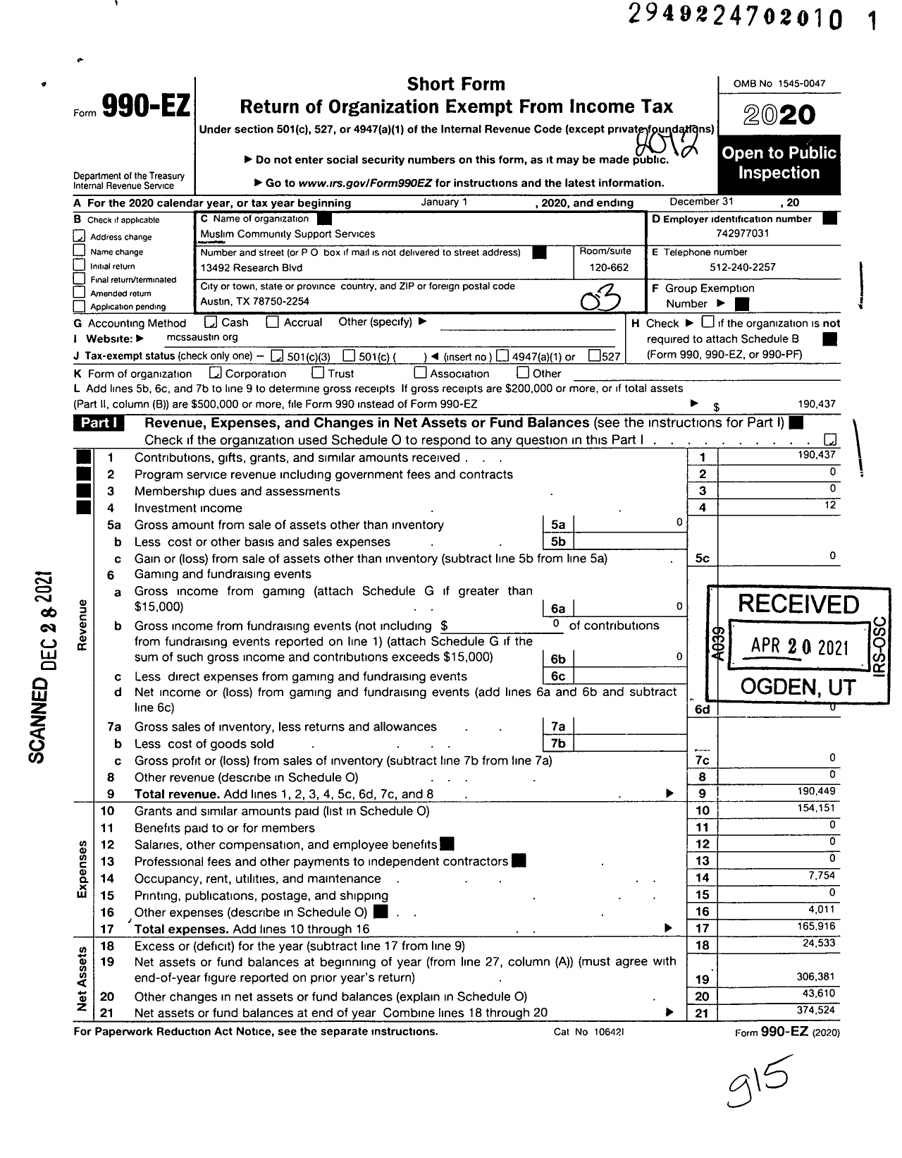 Image of first page of 2020 Form 990EZ for Muslim Community Support Services