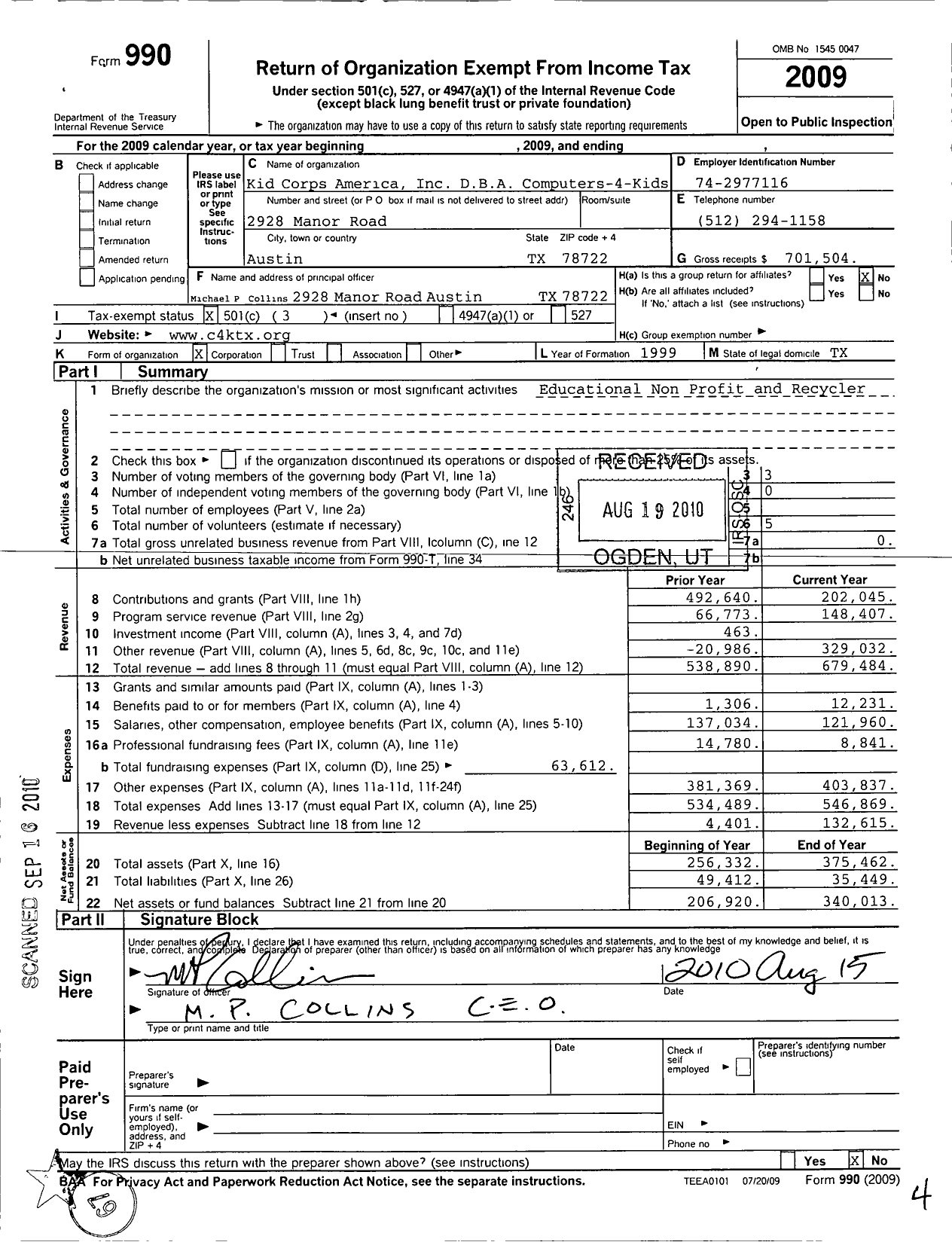 Image of first page of 2009 Form 990 for Kids Corps America