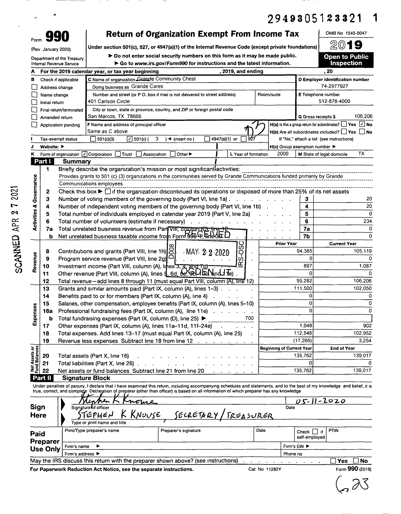 Image of first page of 2019 Form 990 for Grande Community Chest