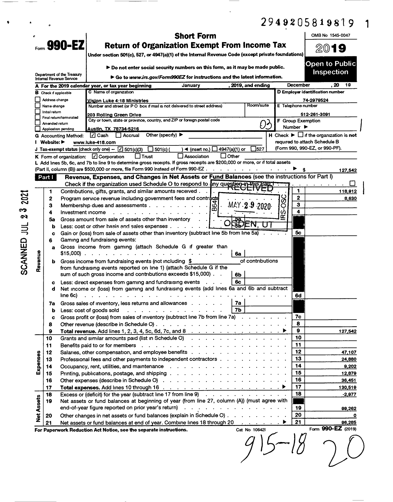 Image of first page of 2019 Form 990EZ for Vision Luke 418 Ministries