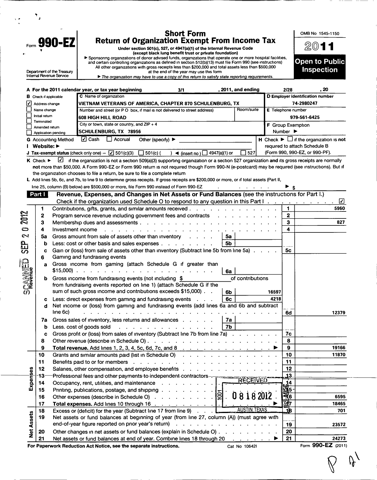 Image of first page of 2010 Form 990EZ for Vietnam Veterans of America - 870 Vva Chapter