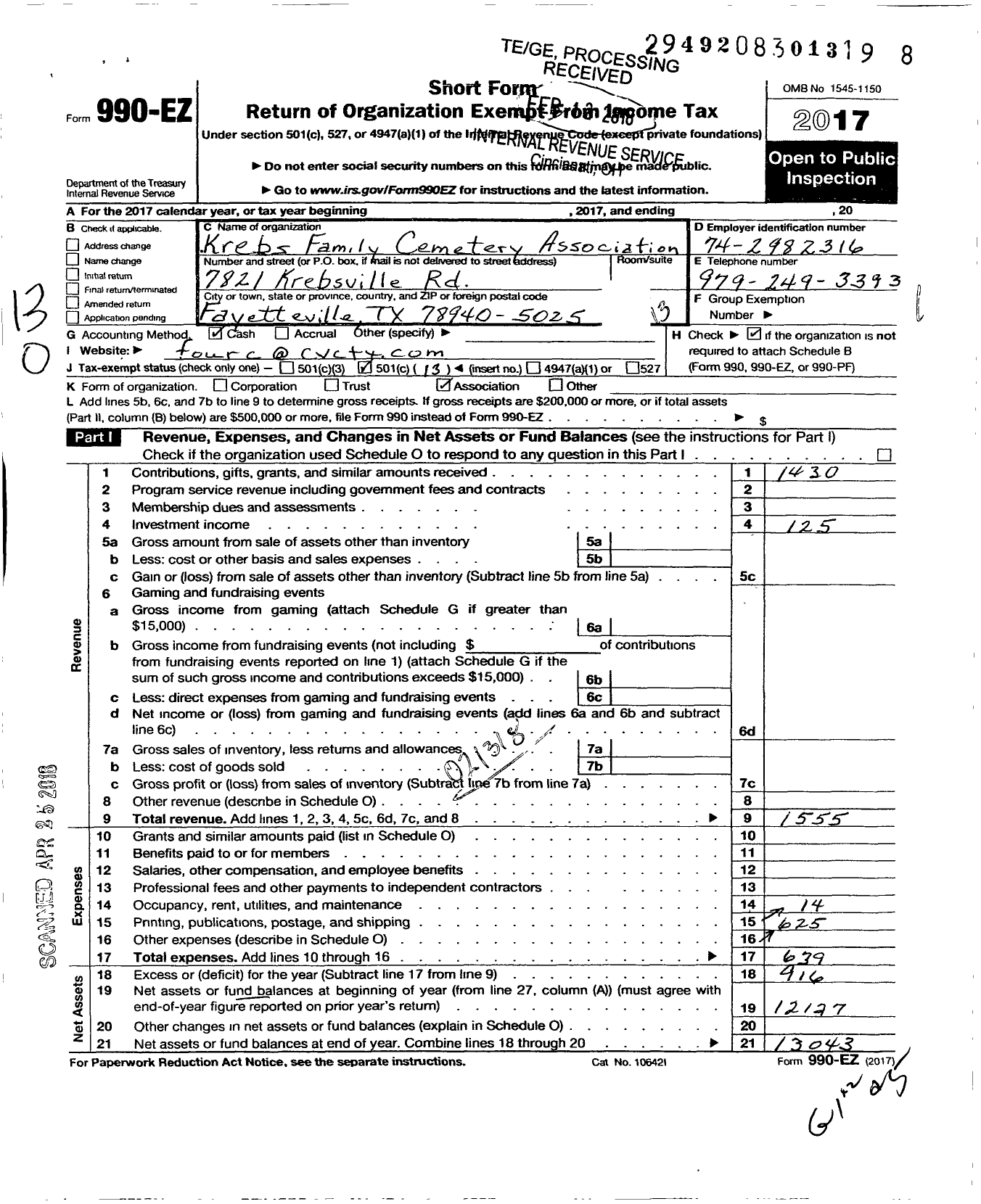 Image of first page of 2017 Form 990EO for Krebs Family Cemetery Association