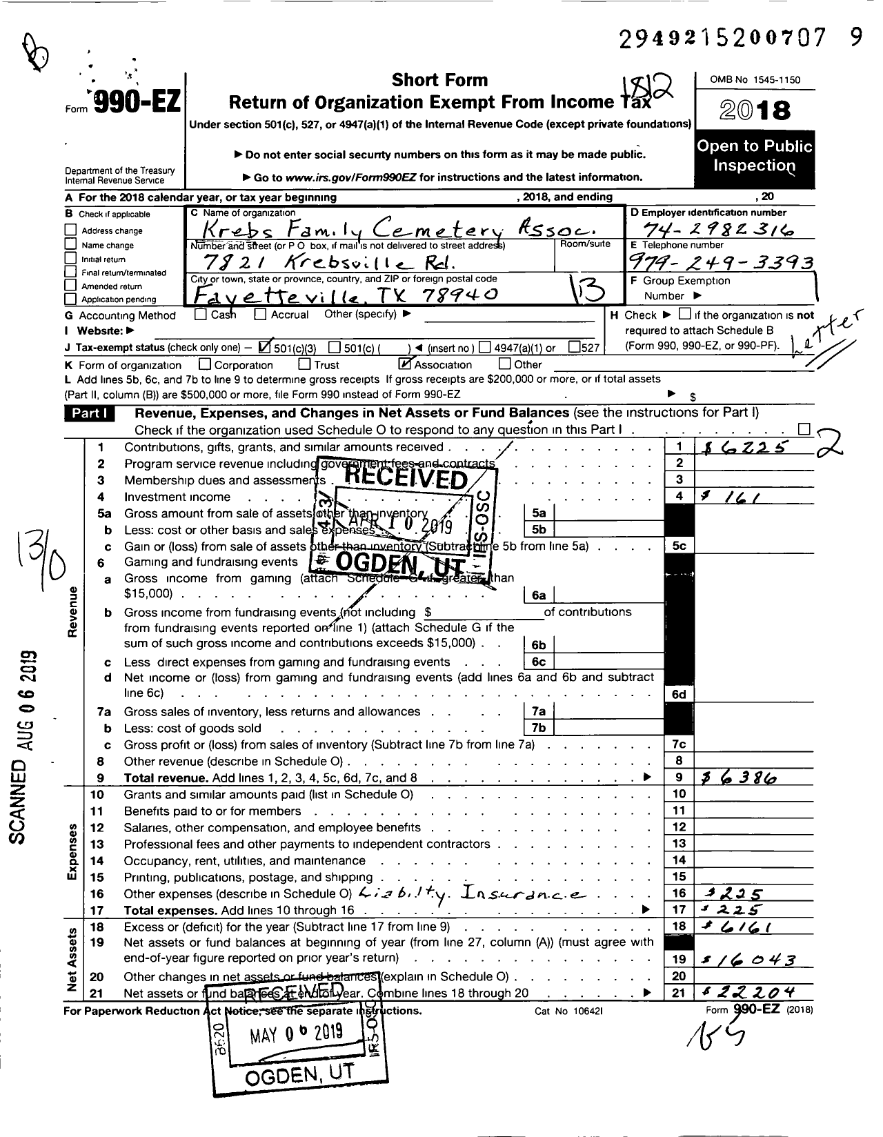 Image of first page of 2018 Form 990EO for Krebs Family Cemetery Association