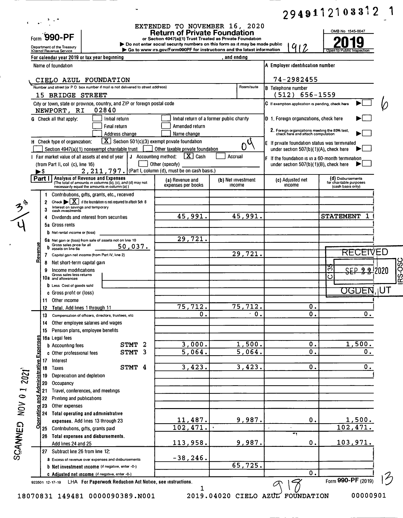 Image of first page of 2019 Form 990PF for Cielo Azul Foundation