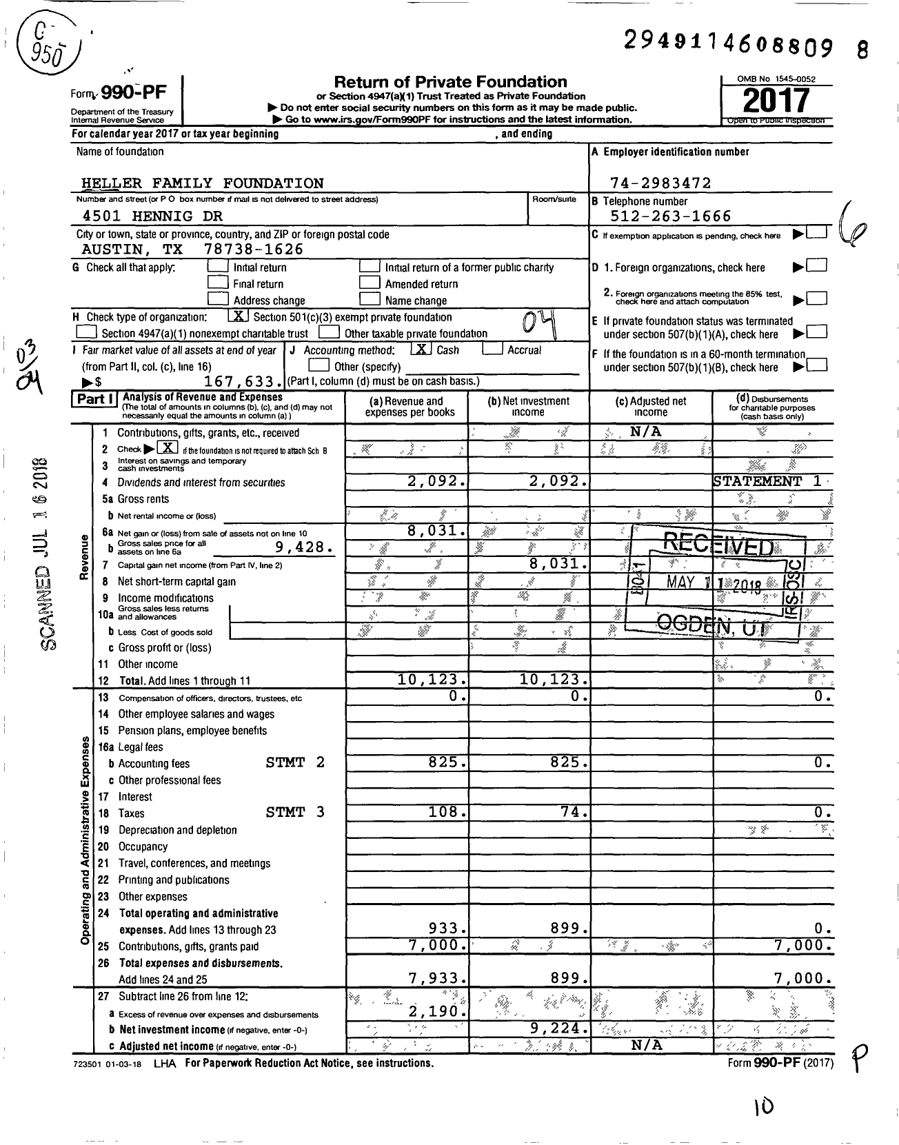 Image of first page of 2017 Form 990PF for Heller Family Foundation