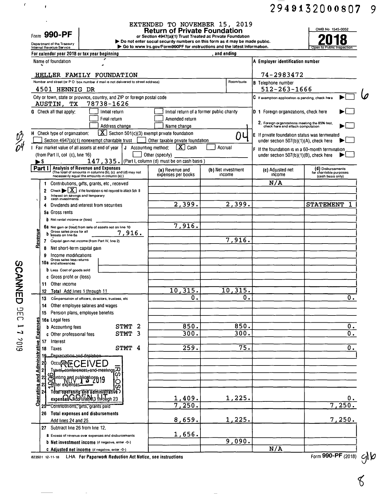 Image of first page of 2018 Form 990PF for Heller Family Foundation