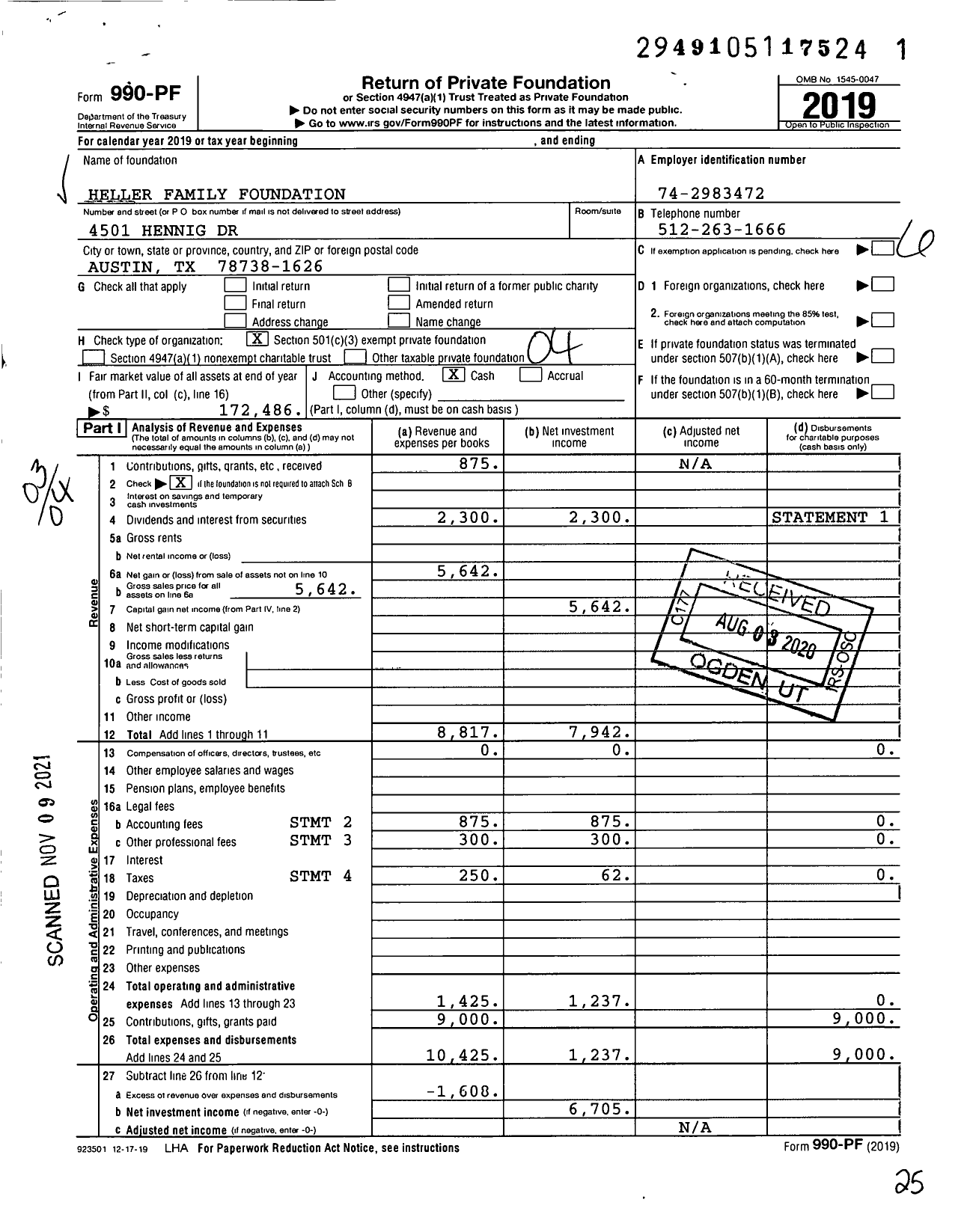 Image of first page of 2019 Form 990PF for Heller Family Foundation