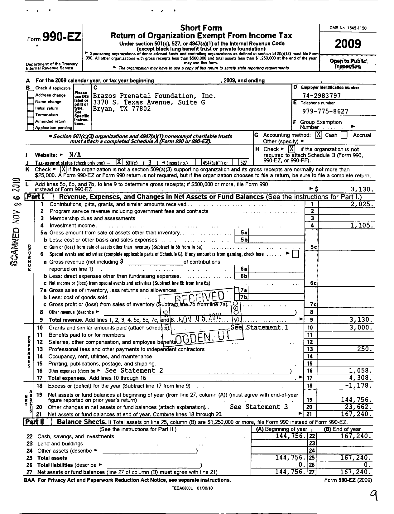 Image of first page of 2009 Form 990EZ for Brazos Prenatal Foundation