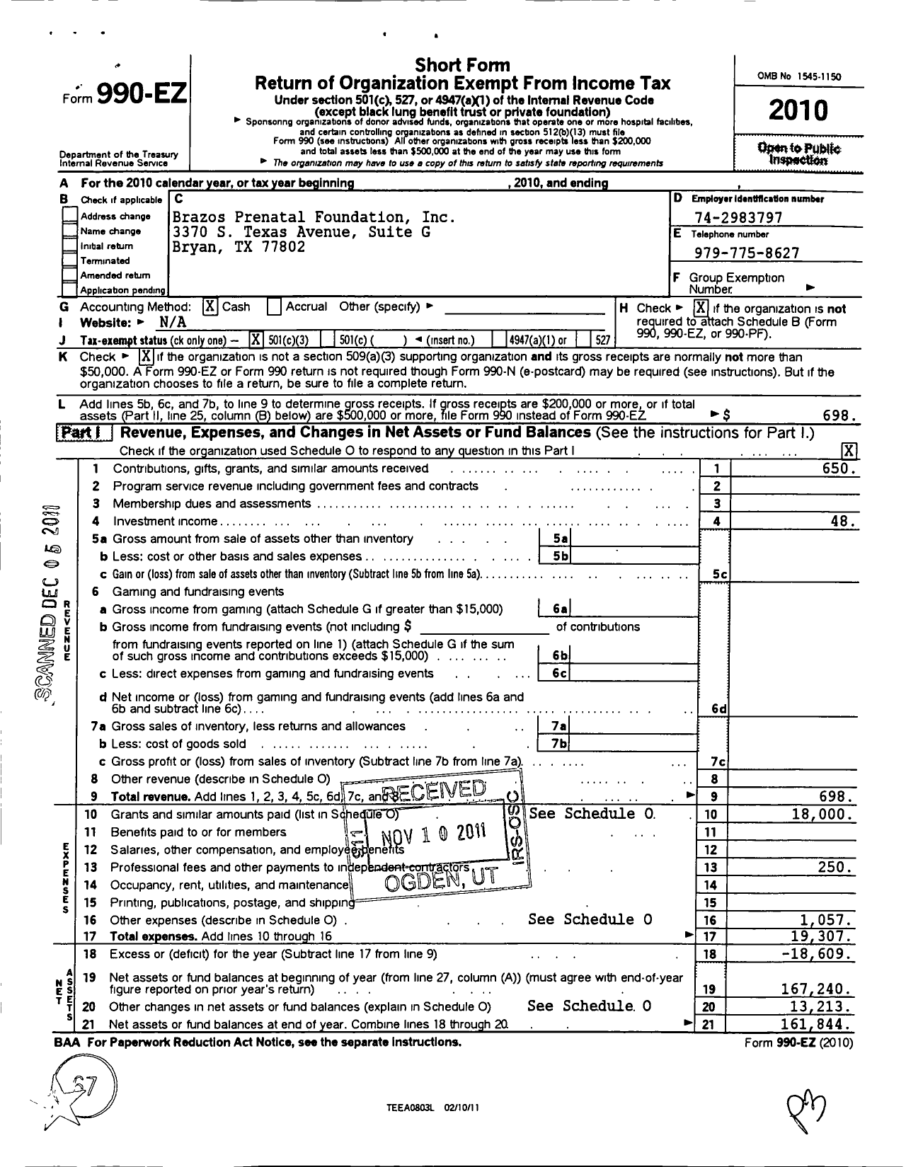 Image of first page of 2010 Form 990EZ for Brazos Prenatal Foundation