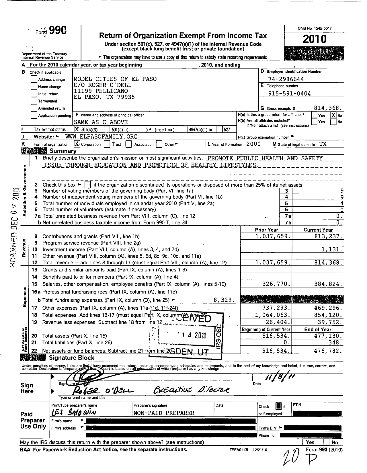 Image of first page of 2010 Form 990 for Model Cities El Paso