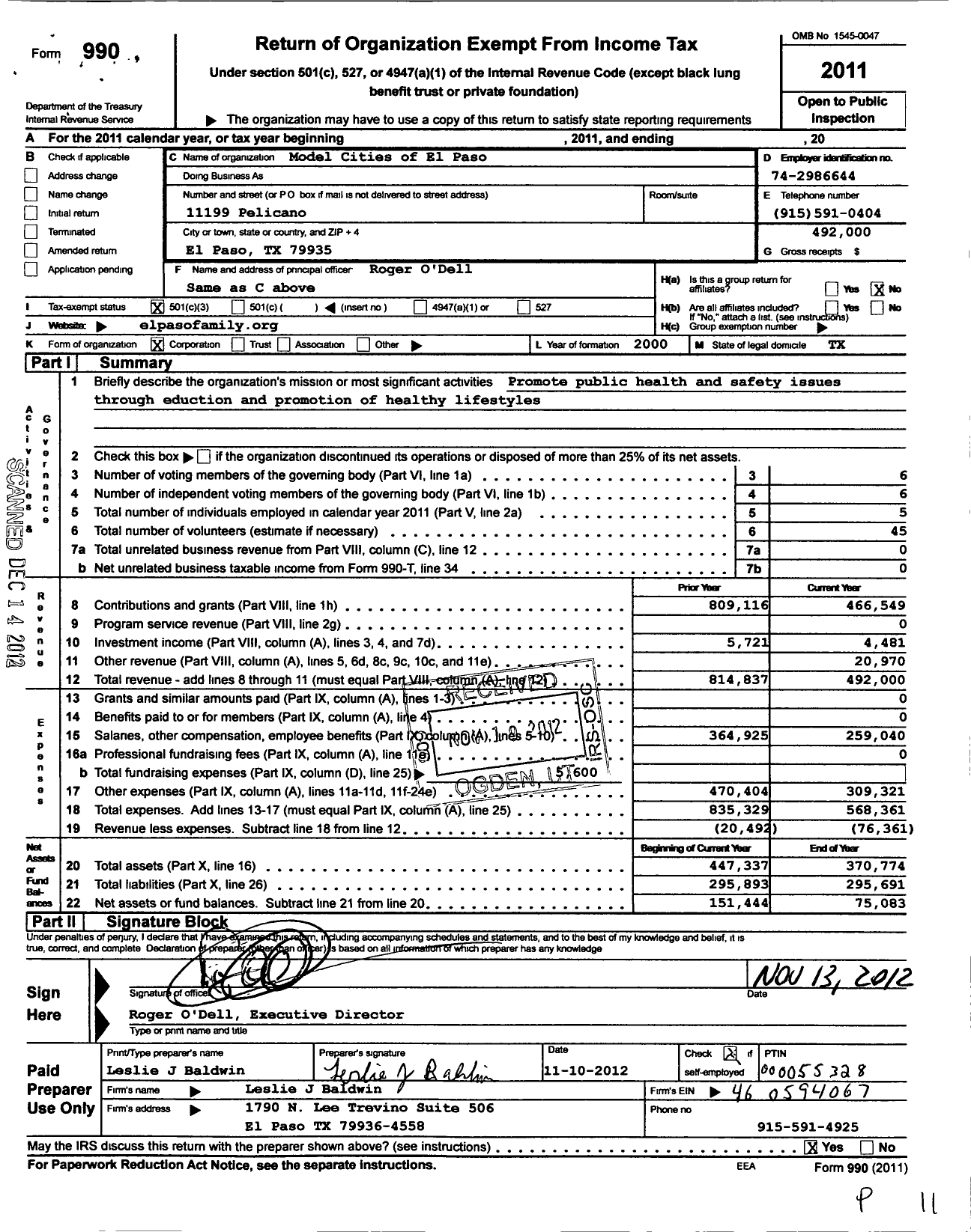 Image of first page of 2011 Form 990 for Model Cities El Paso