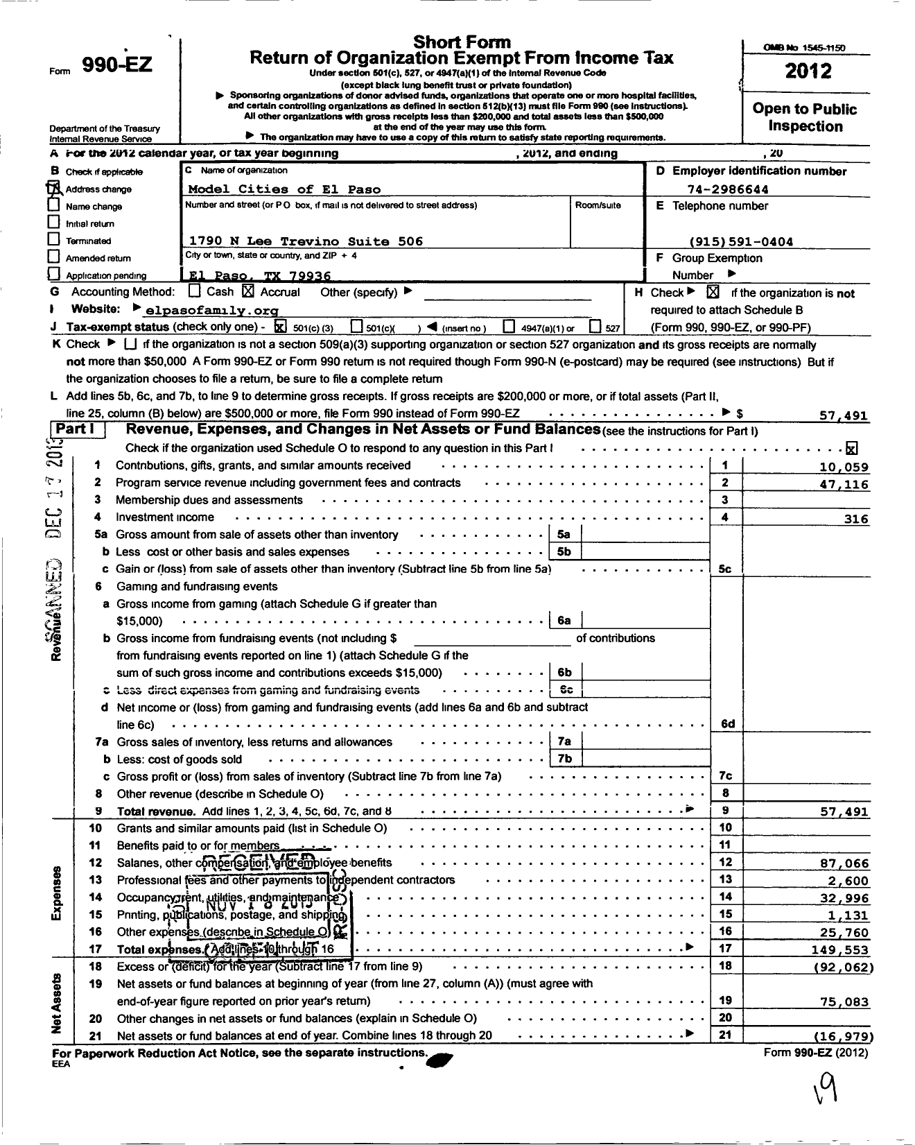 Image of first page of 2012 Form 990EZ for Model Cities El Paso