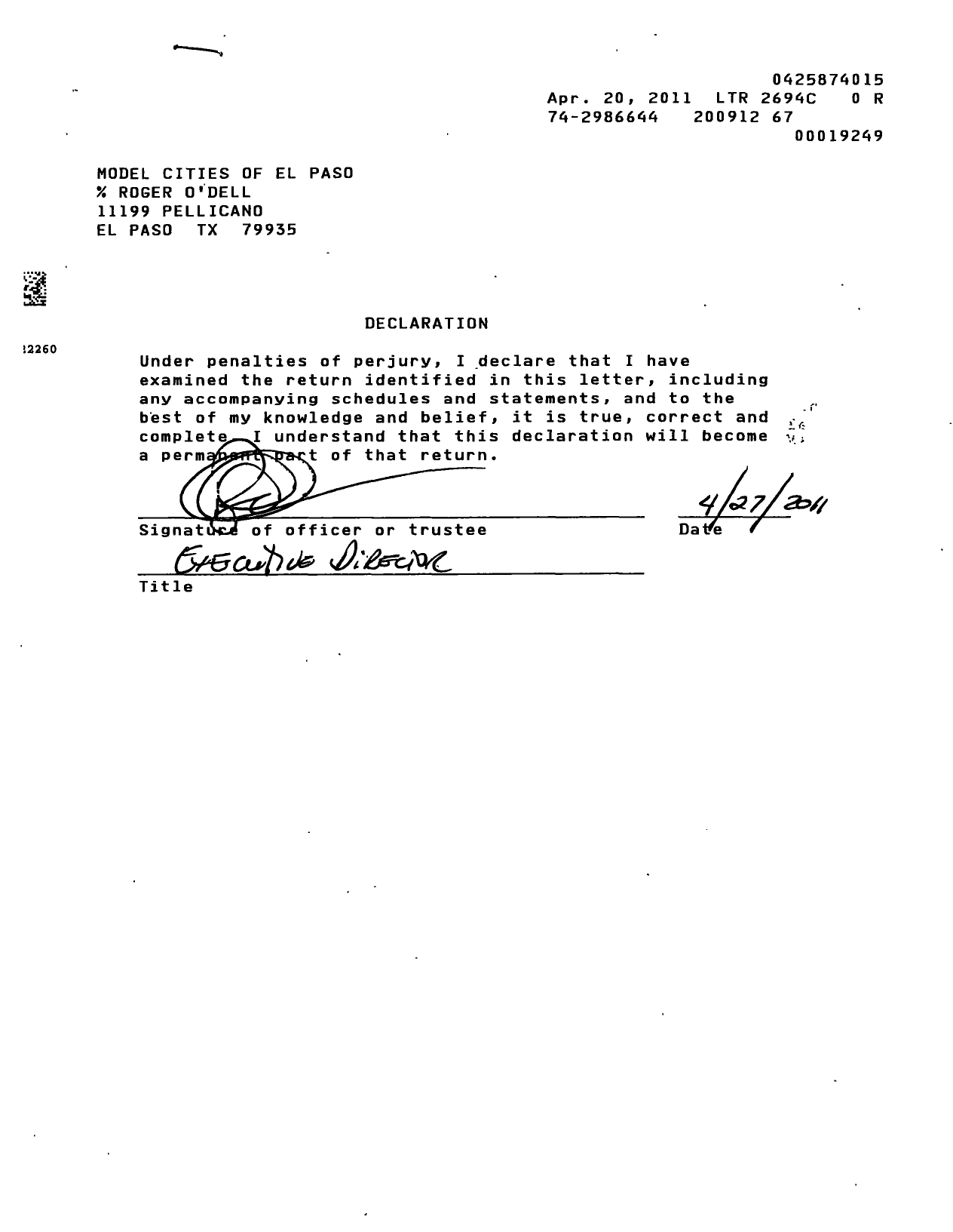 Image of first page of 2009 Form 990R for Model Cities El Paso