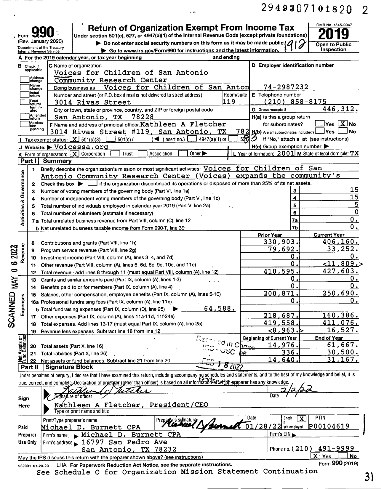 Image of first page of 2019 Form 990 for Voices for Children of San Antonio