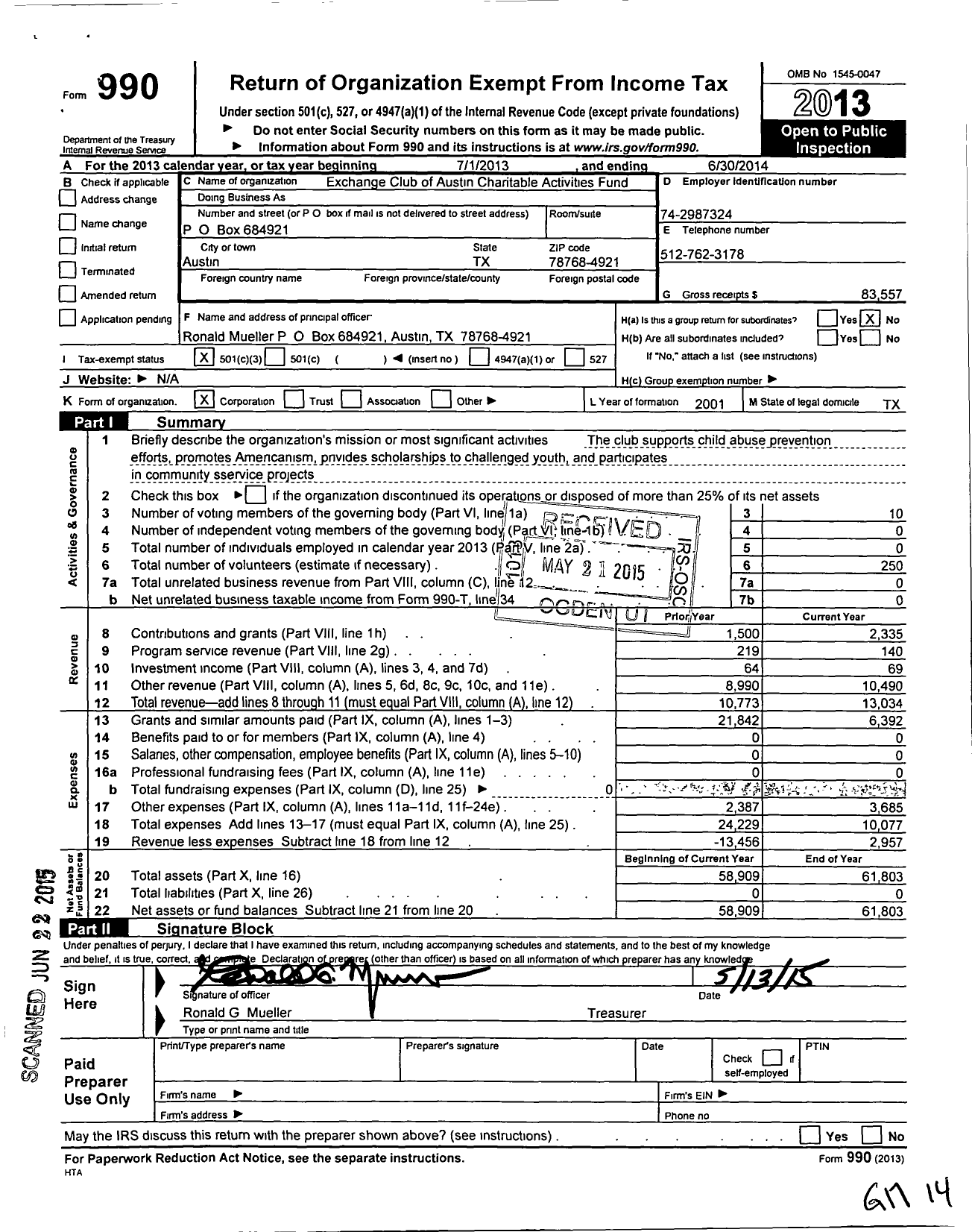 Image of first page of 2013 Form 990 for Exchange Club of Austin Charitable Activities Club