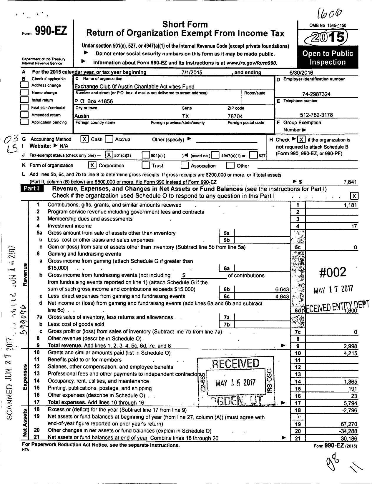 Image of first page of 2015 Form 990EZ for Exchange Club of Austin Charitable Activities Club