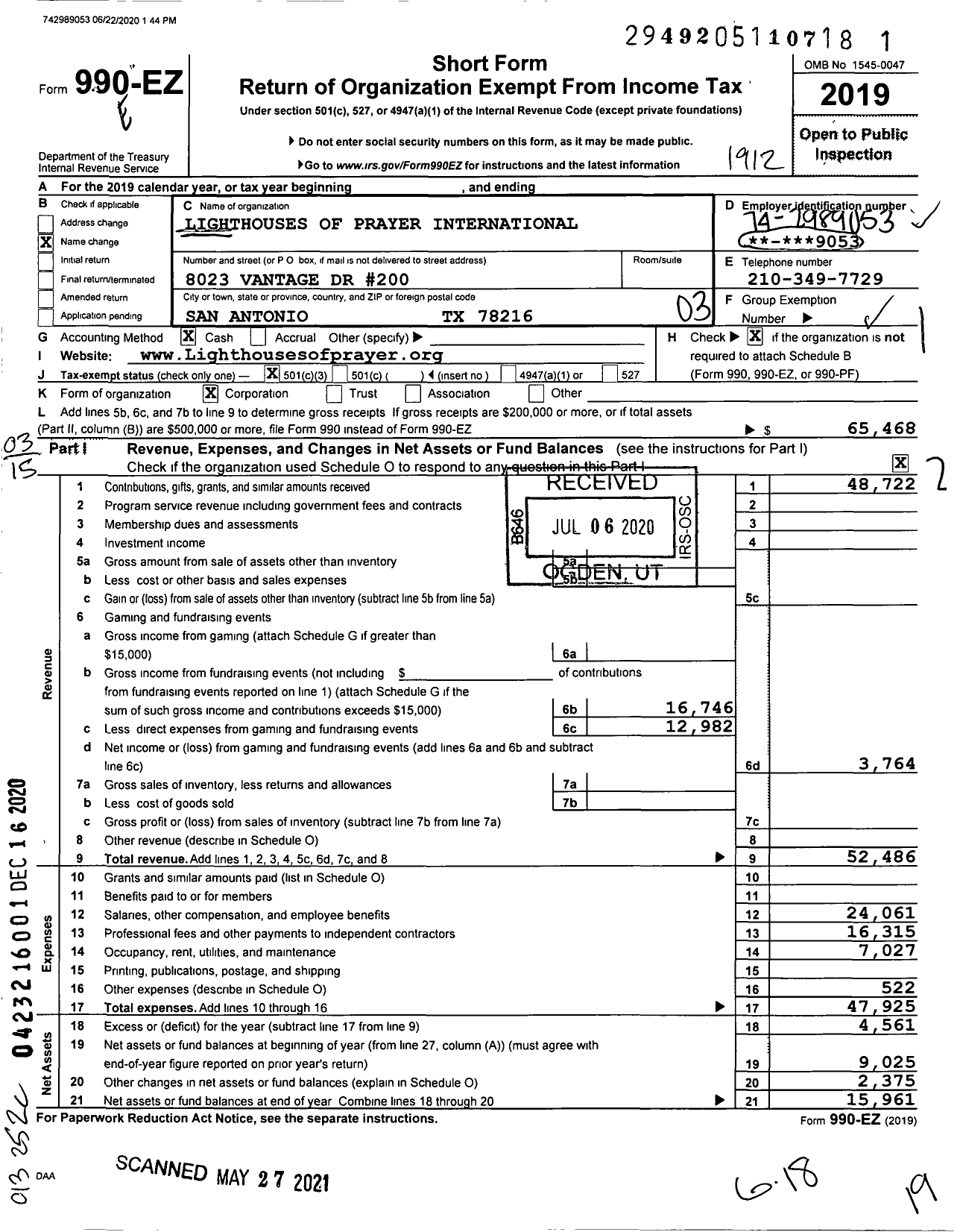 Image of first page of 2019 Form 990EZ for Lighthouses of Prayer International