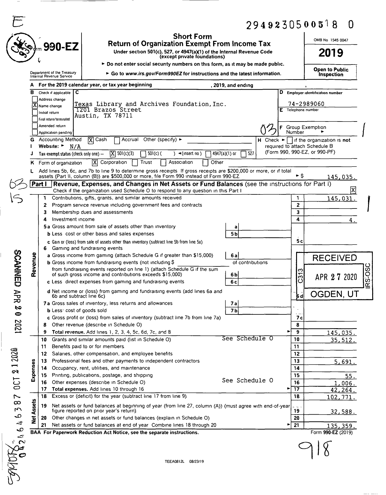 Image of first page of 2019 Form 990EZ for Texas Library and Archives Foundation