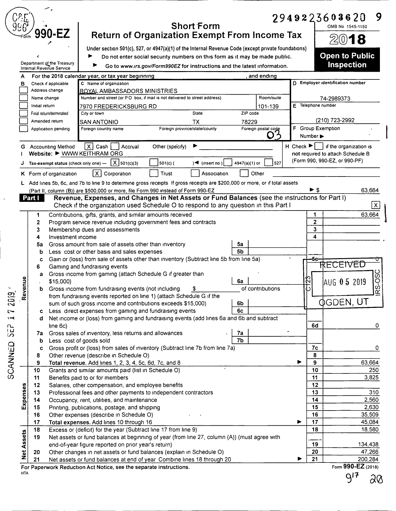 Image of first page of 2018 Form 990EZ for Royal Ambassadors Ministries