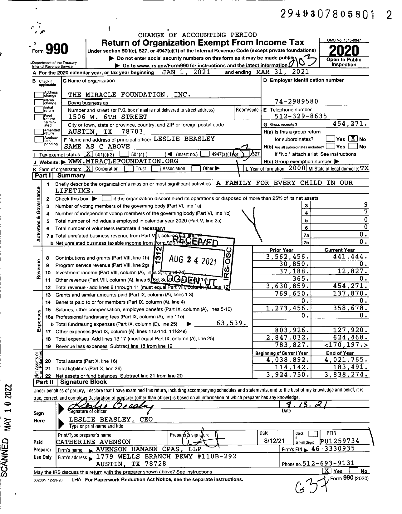 Image of first page of 2020 Form 990 for The Miracle Foundation