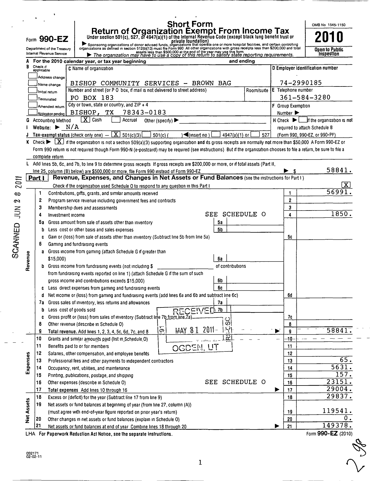 Image of first page of 2010 Form 990EZ for Bishop Community Services - Brown Bag