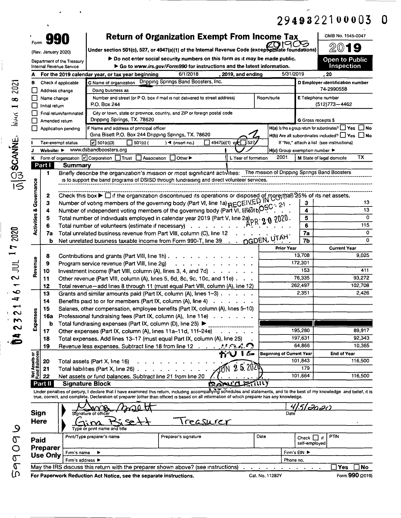 Image of first page of 2018 Form 990 for Dripping Springs Band Boosters