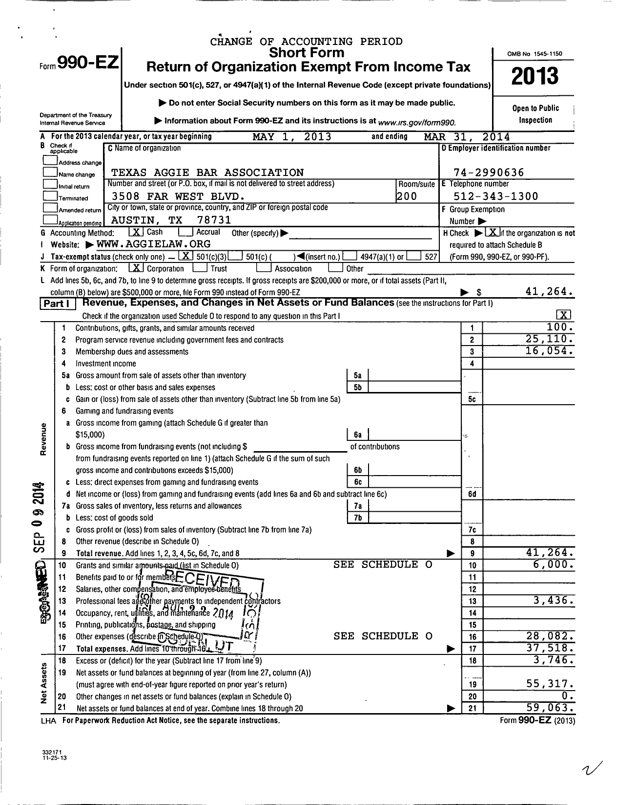 Image of first page of 2013 Form 990EZ for Texas Aggie Bar Association