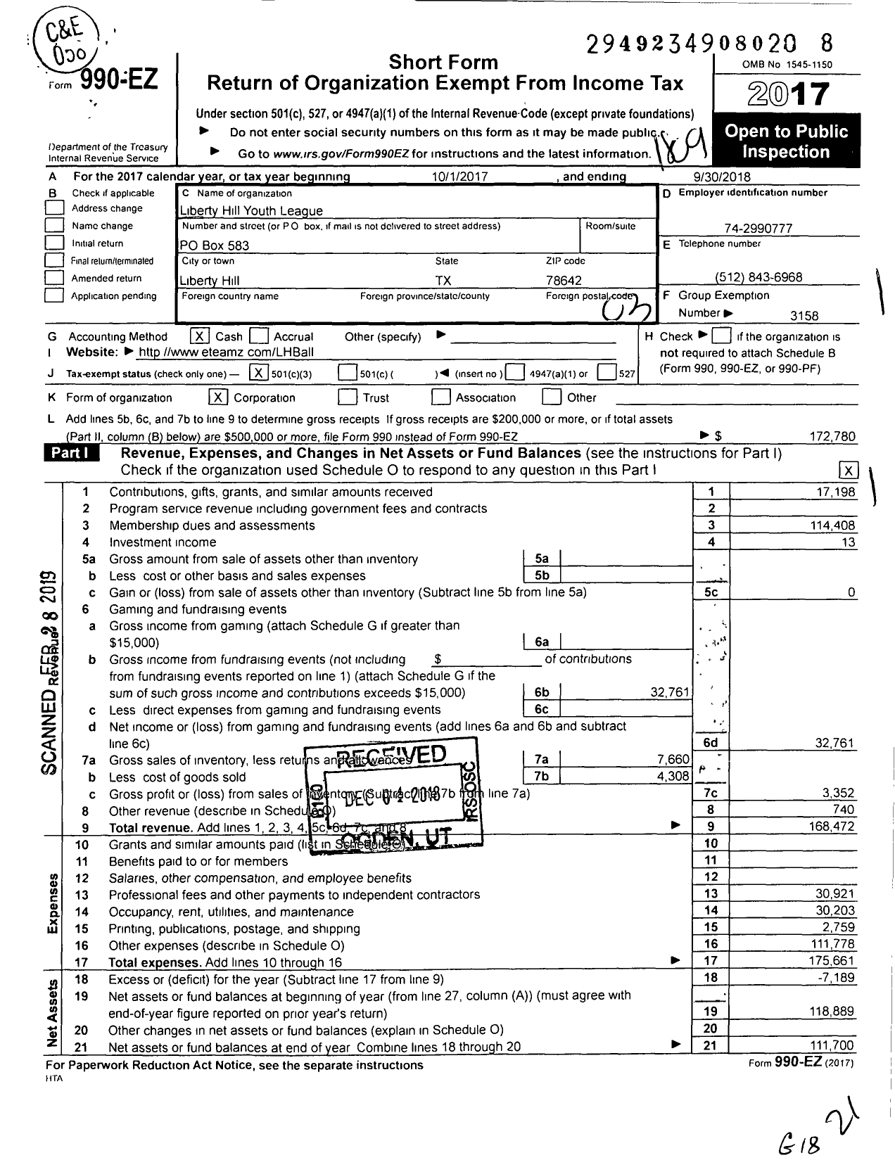 Image of first page of 2017 Form 990EZ for Liberty Hill Youth League