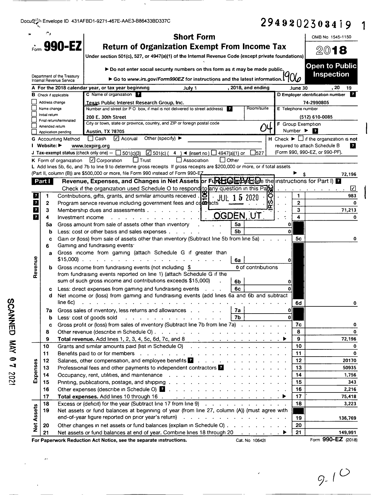 Image of first page of 2018 Form 990EO for Texas Public Interest Research Group