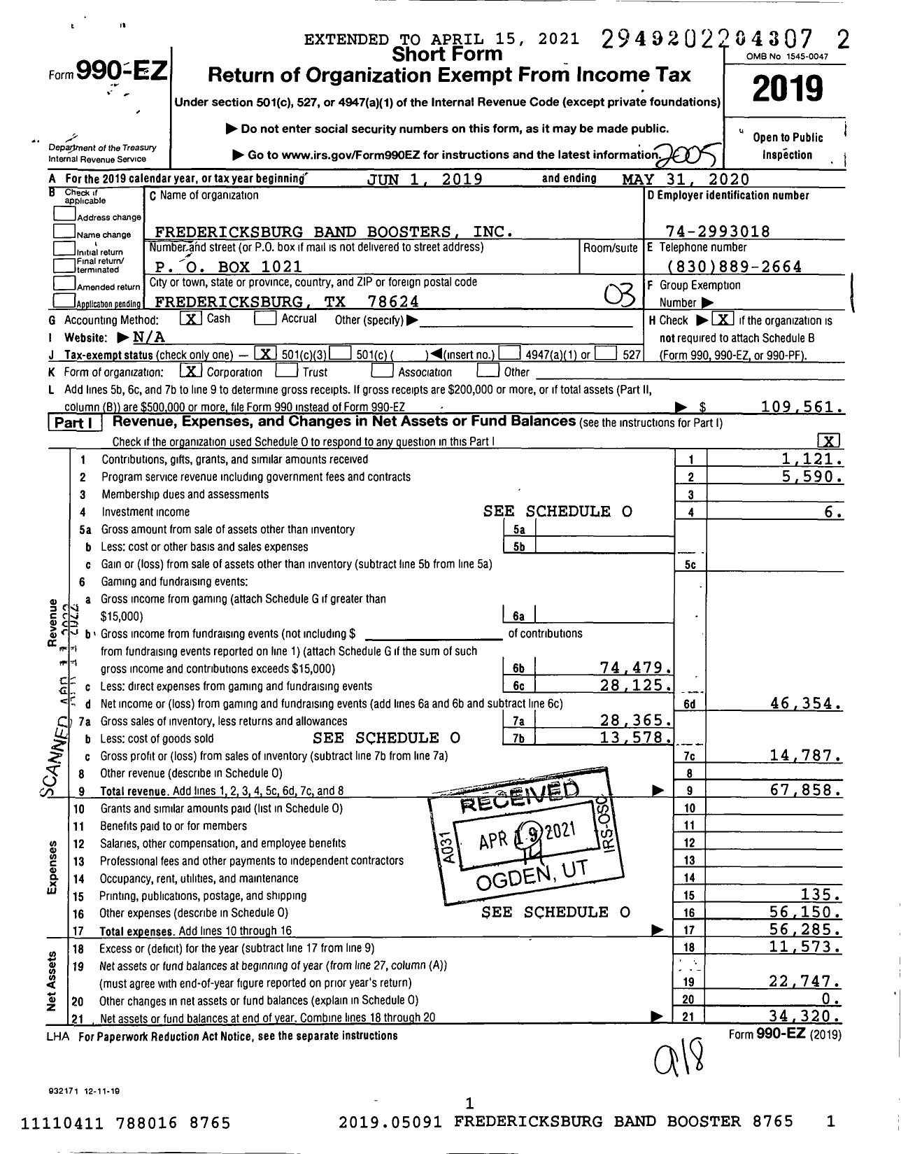 Image of first page of 2019 Form 990EZ for Fredericksburg Band Boosters