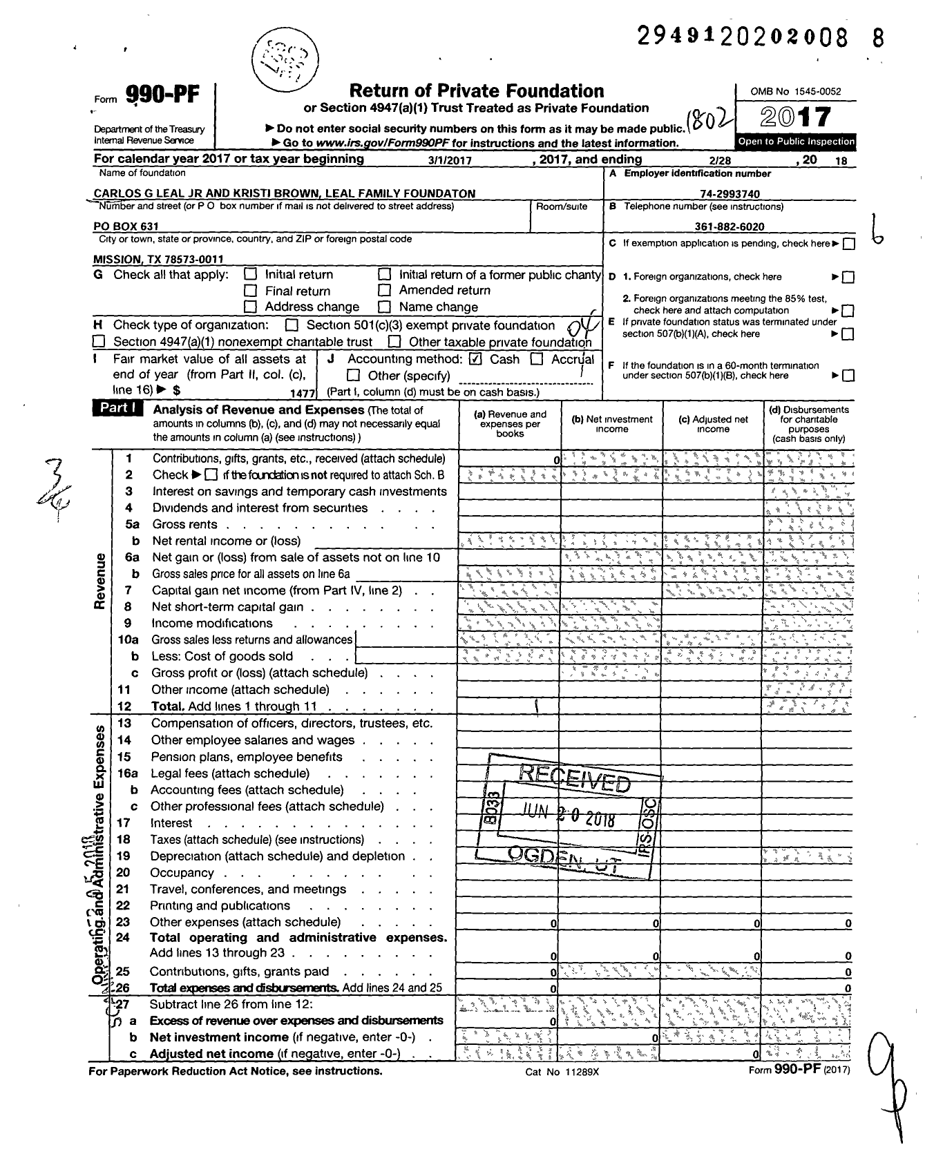 Image of first page of 2017 Form 990PF for Carlos G Leal JR and Kristi Brown Leal Family Foundation