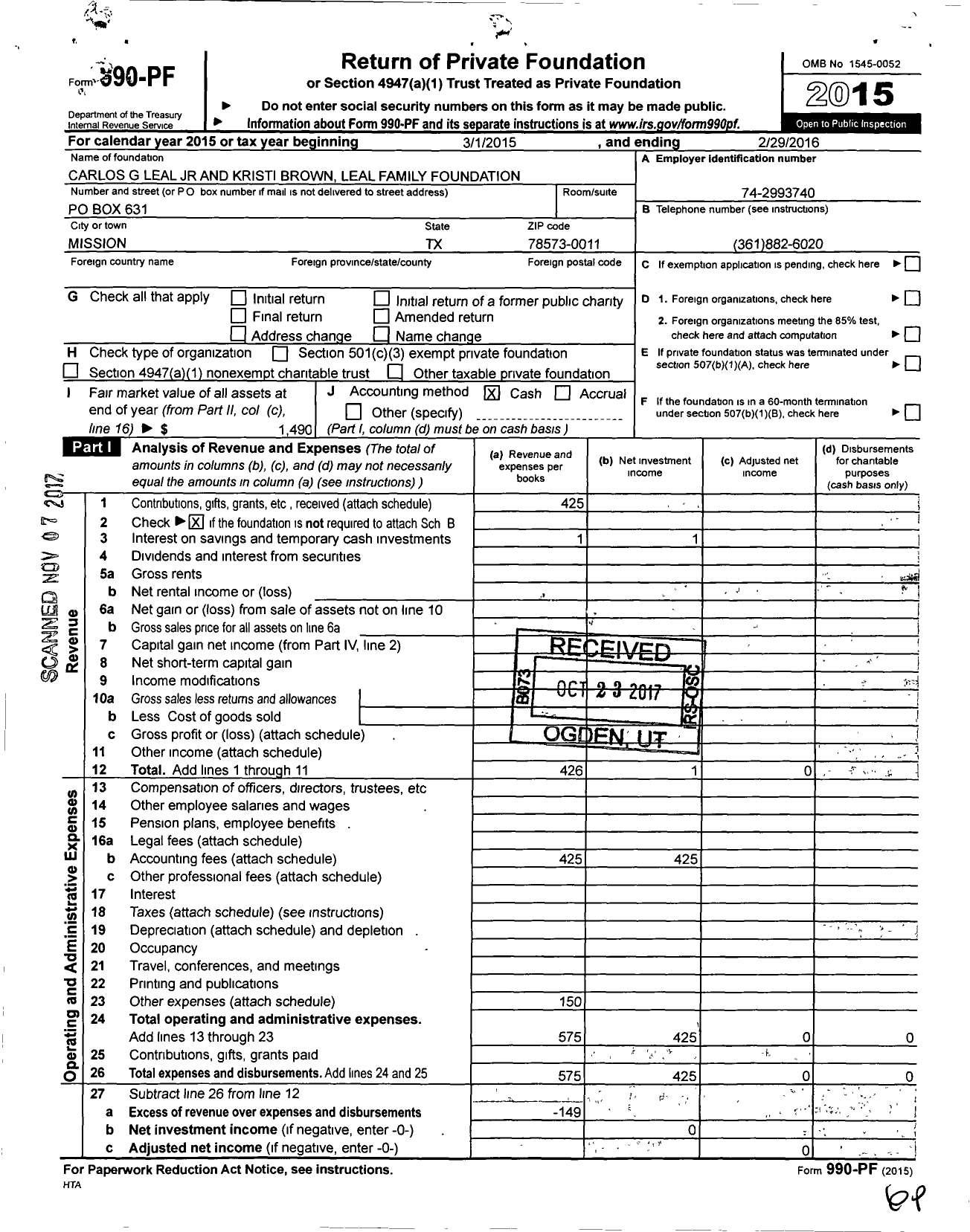 Image of first page of 2015 Form 990PF for Carlos G Leal JR and Kristi Brown Leal Family Foundation