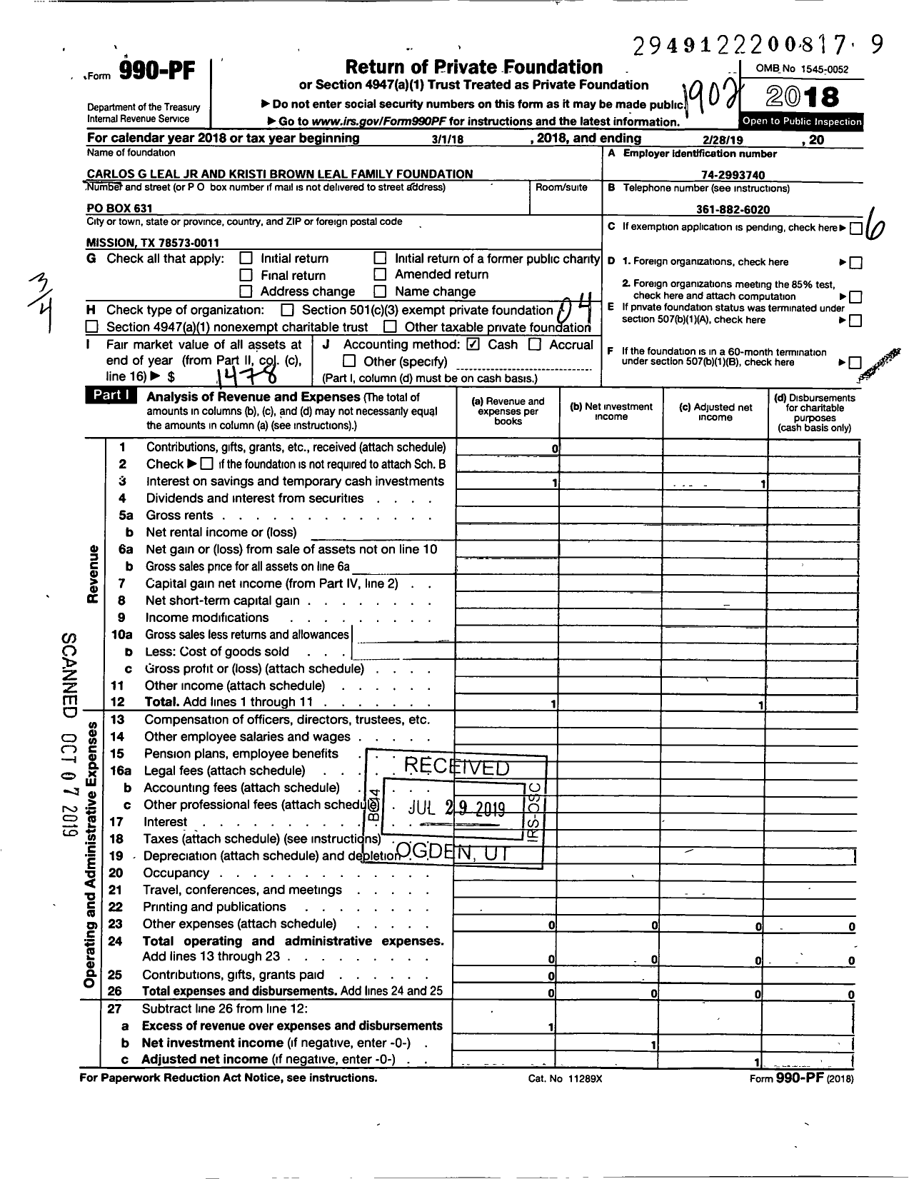 Image of first page of 2018 Form 990PF for Carlos G Leal JR and Kristi Brown Leal Family Foundation