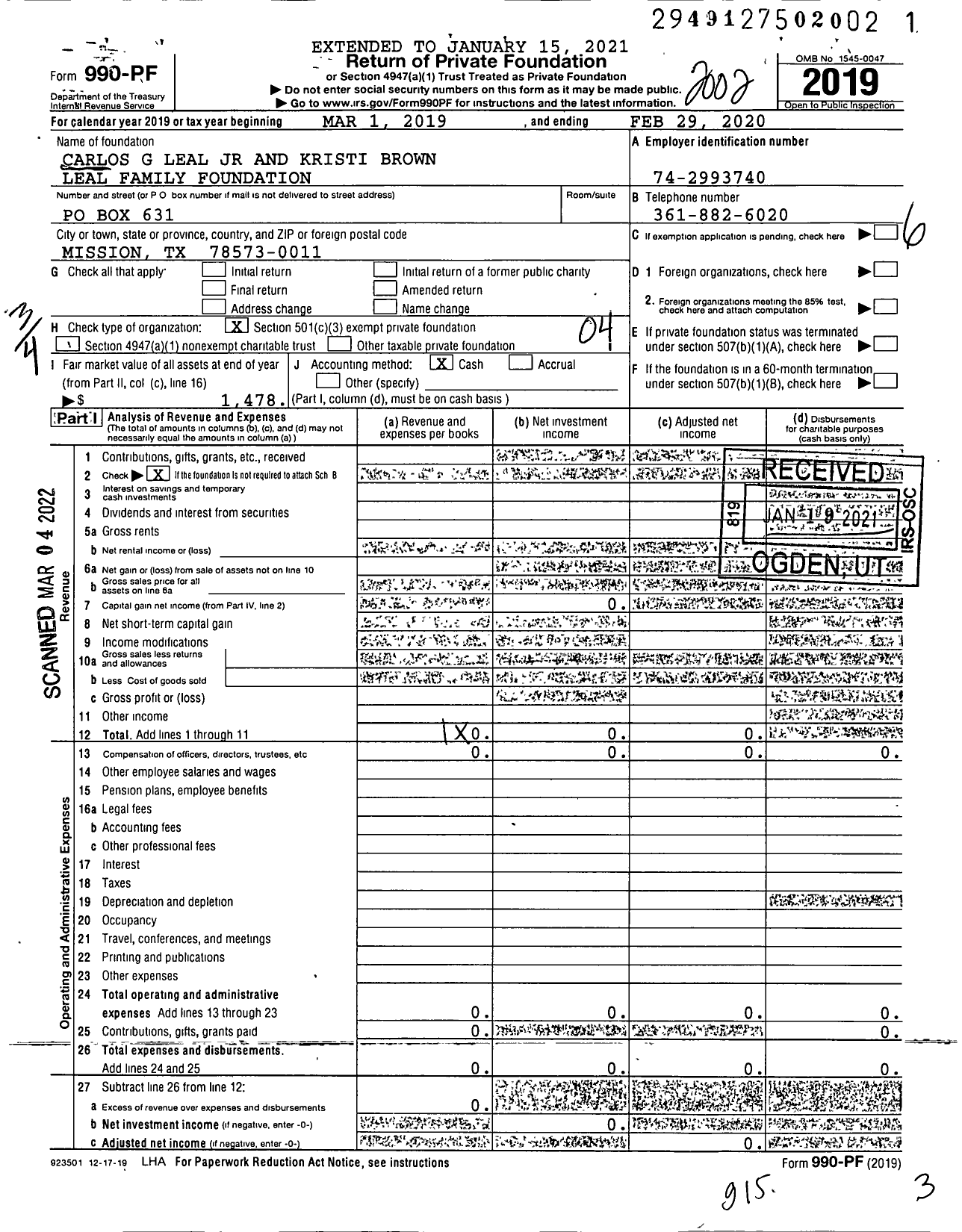 Image of first page of 2019 Form 990PF for Carlos G Leal JR and Kristi Brown Leal Family Foundation