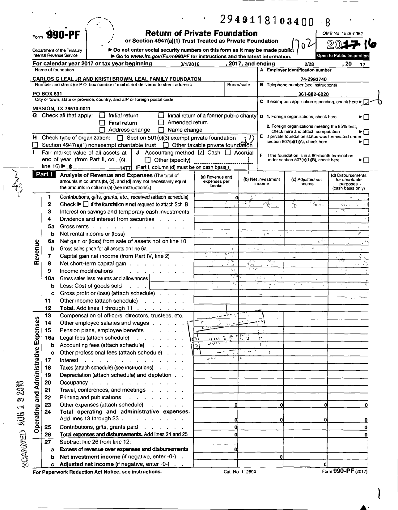 Image of first page of 2016 Form 990PF for Carlos G Leal JR and Kristi Brown Leal Family Foundation