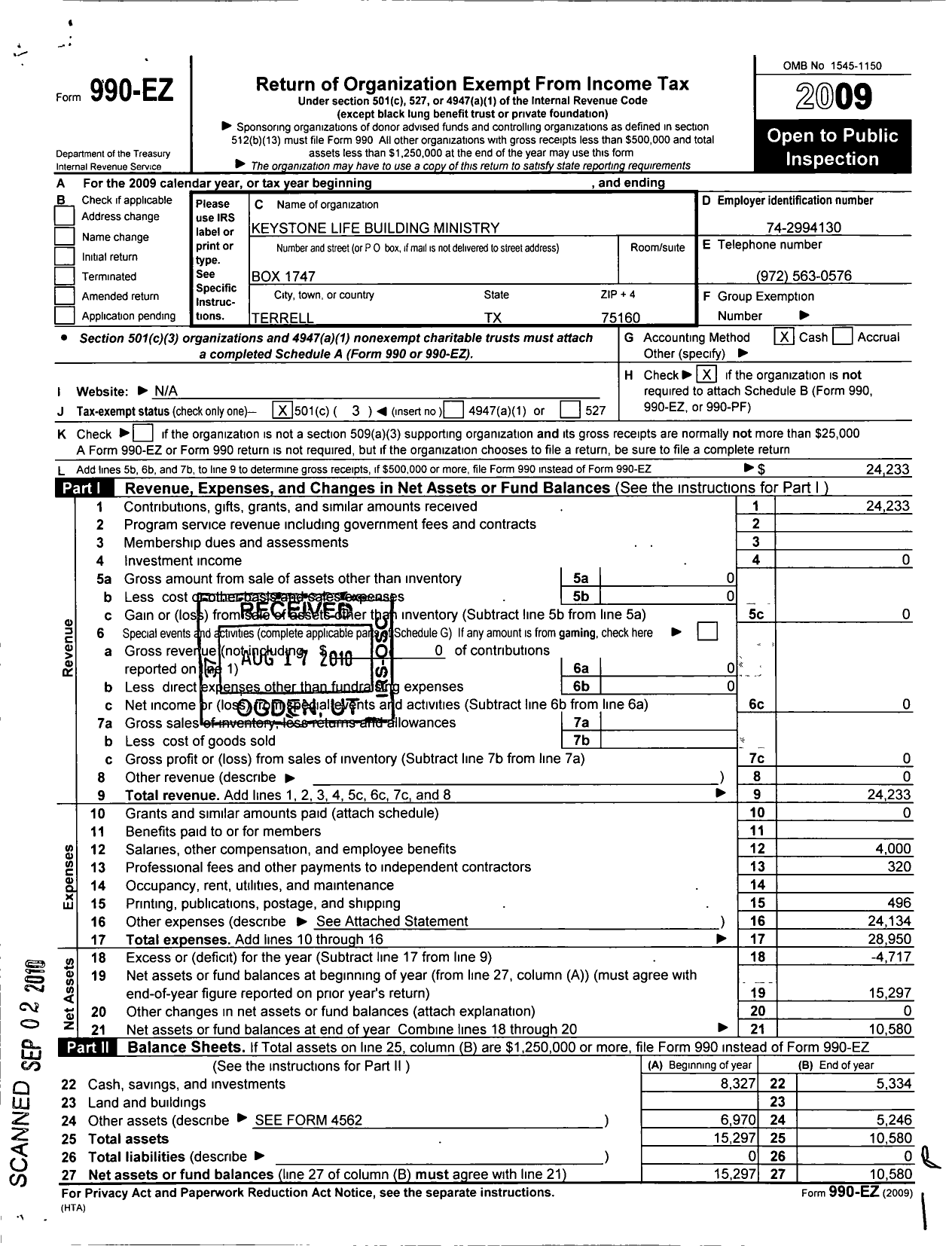 Image of first page of 2009 Form 990EZ for Keystone Life Building Ministries