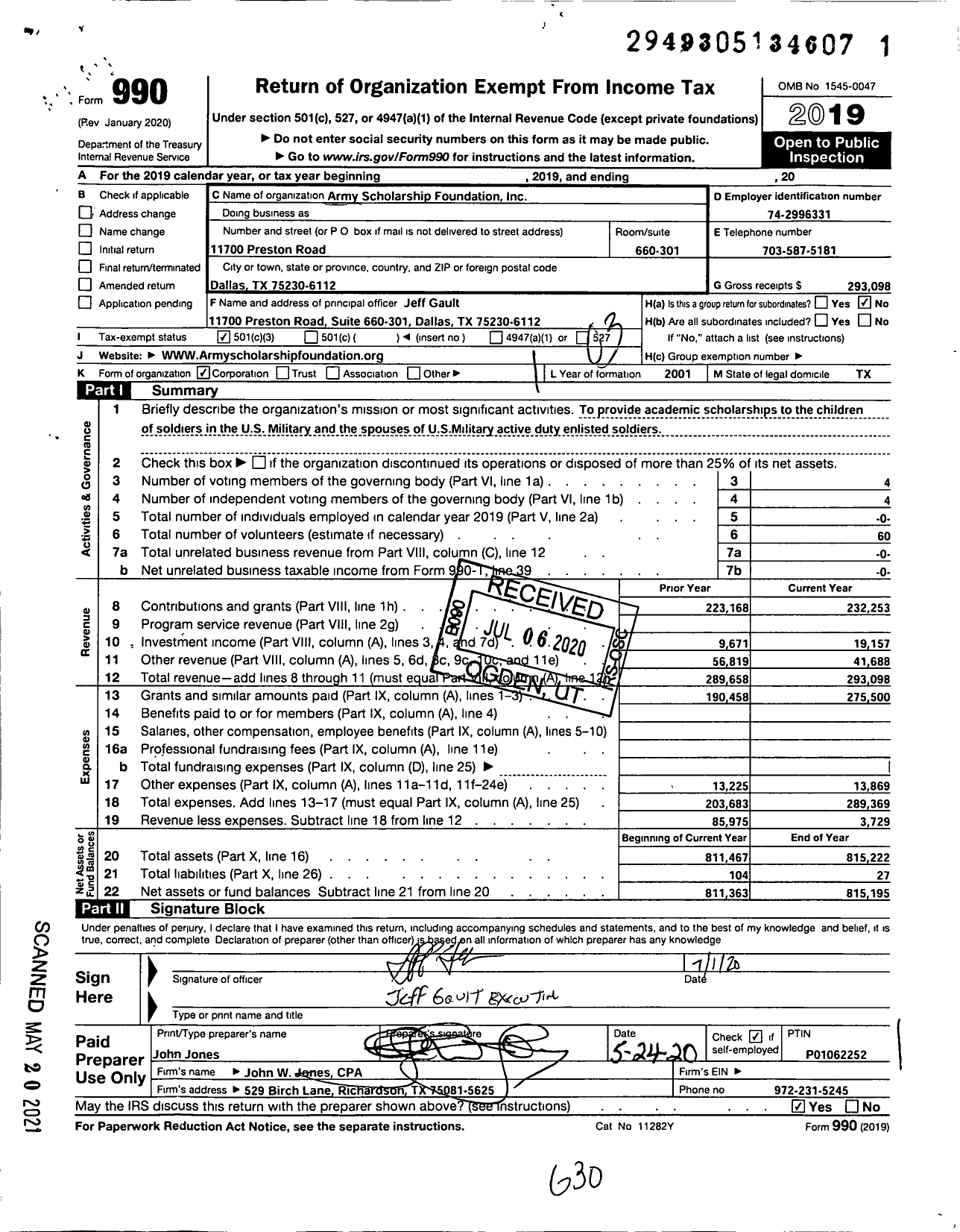 Image of first page of 2019 Form 990 for Army Scholarship Foundation