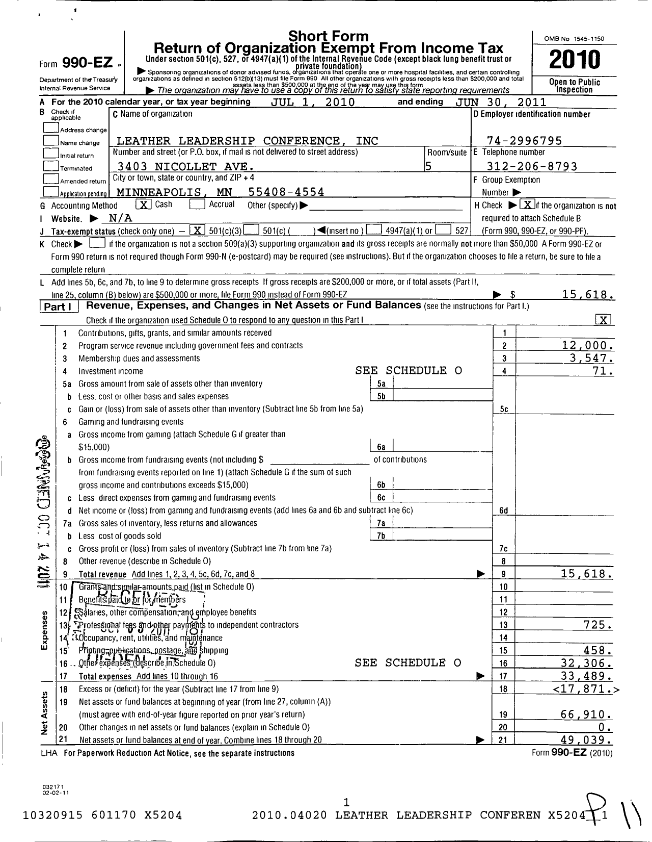 Image of first page of 2010 Form 990EZ for Leather Leadership Conference