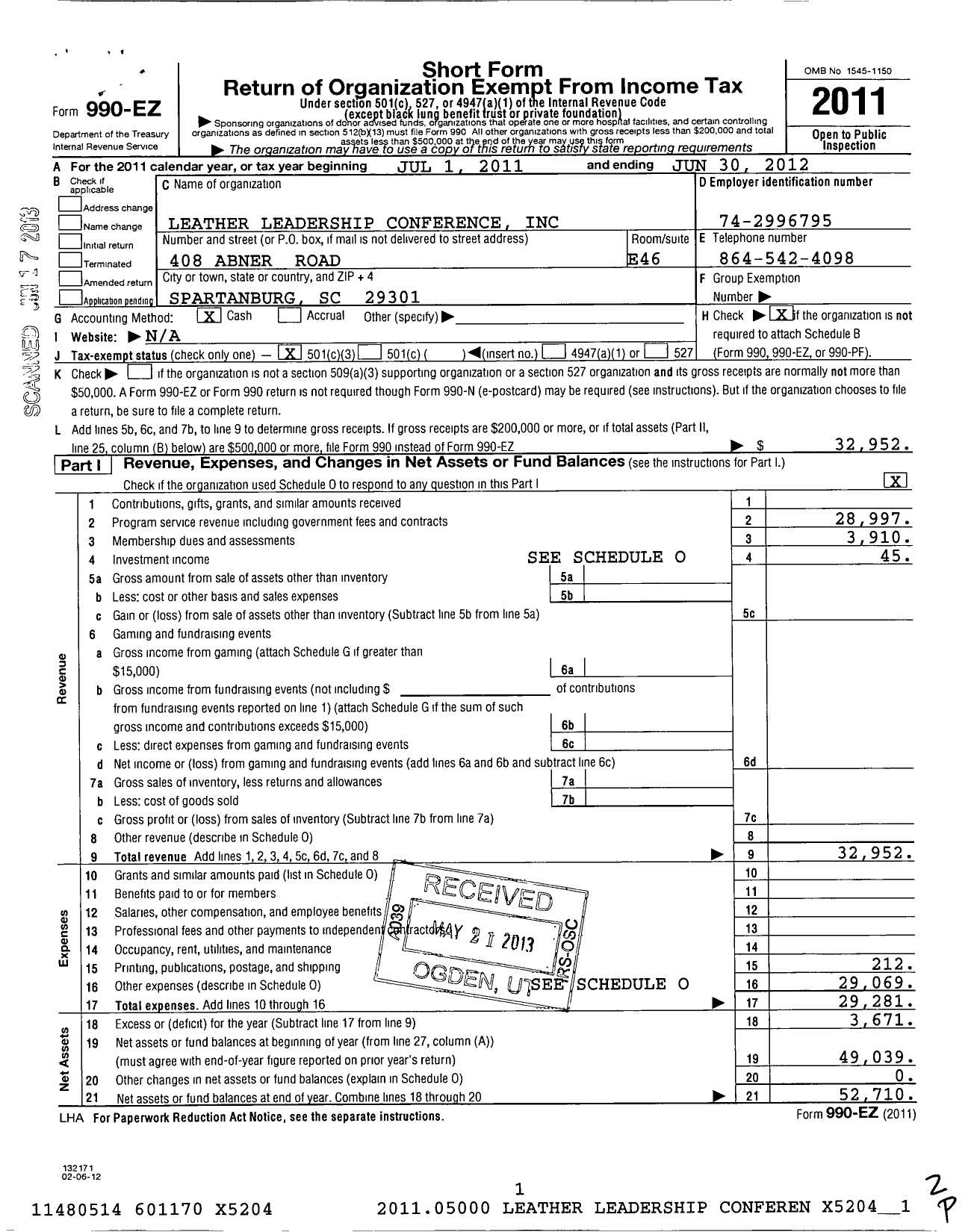 Image of first page of 2011 Form 990EZ for Leather Leadership Conference