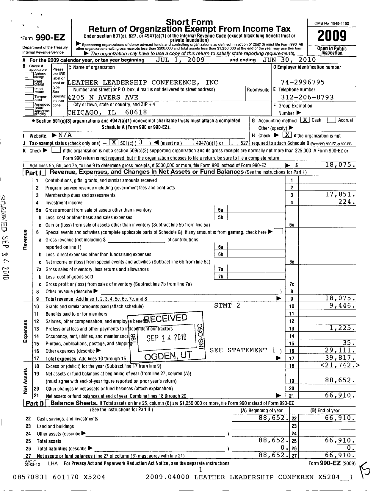 Image of first page of 2009 Form 990EZ for Leather Leadership Conference