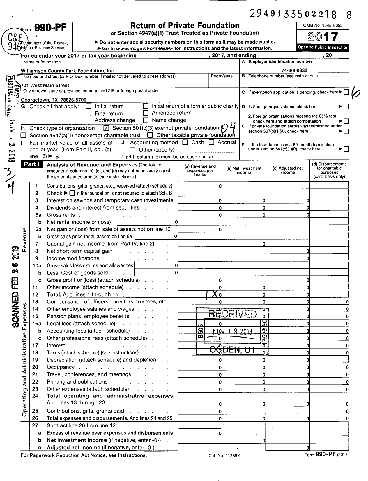 Image of first page of 2017 Form 990PF for Williamson County Park Foundation