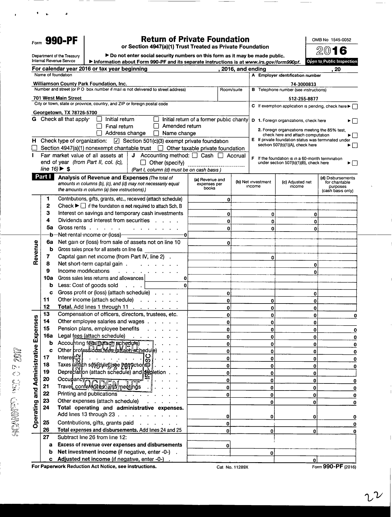 Image of first page of 2016 Form 990PF for Williamson County Park Foundation