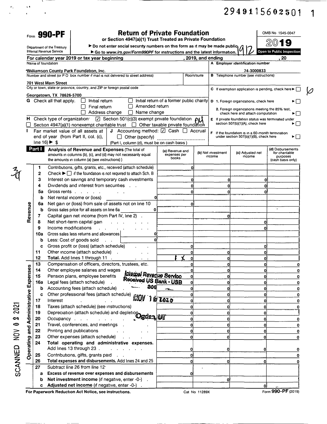 Image of first page of 2019 Form 990PF for Williamson County Park Foundation