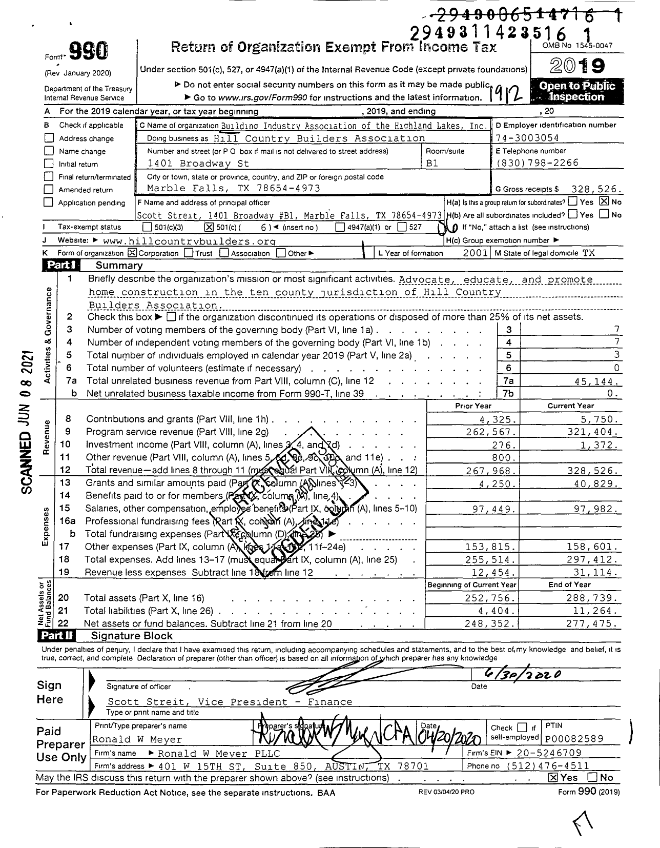 Image of first page of 2019 Form 990O for Hill Country Builders Association