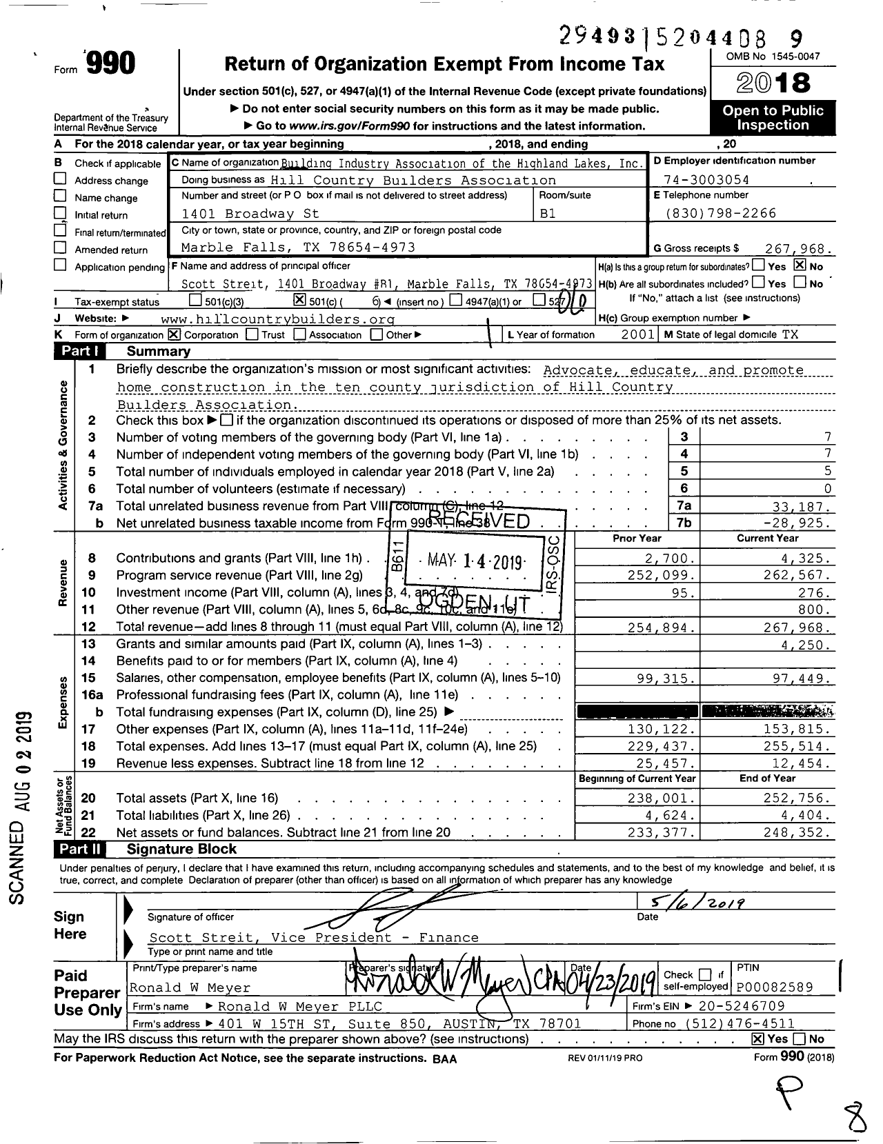 Image of first page of 2018 Form 990O for Hill Country Builders Association