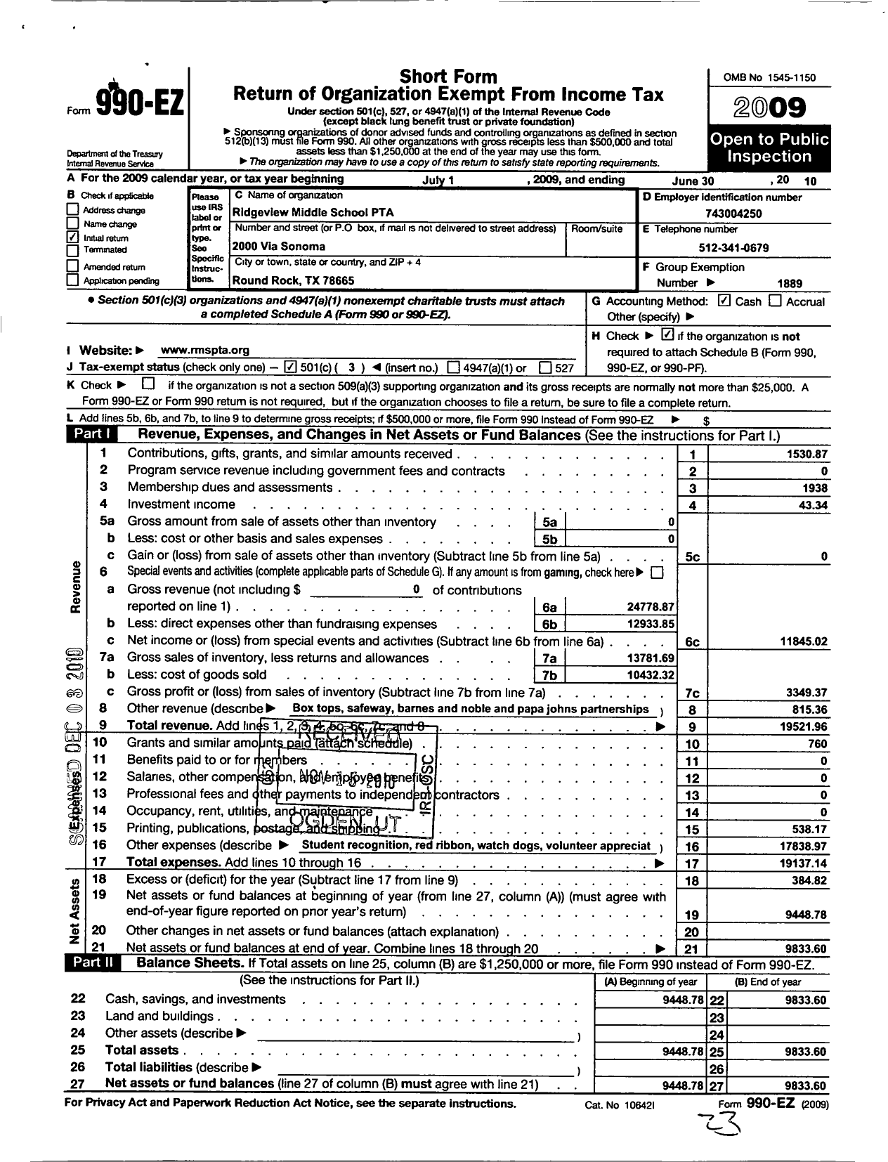 Image of first page of 2009 Form 990EZ for Texas PTA - 10124 Ridgeview Middle School